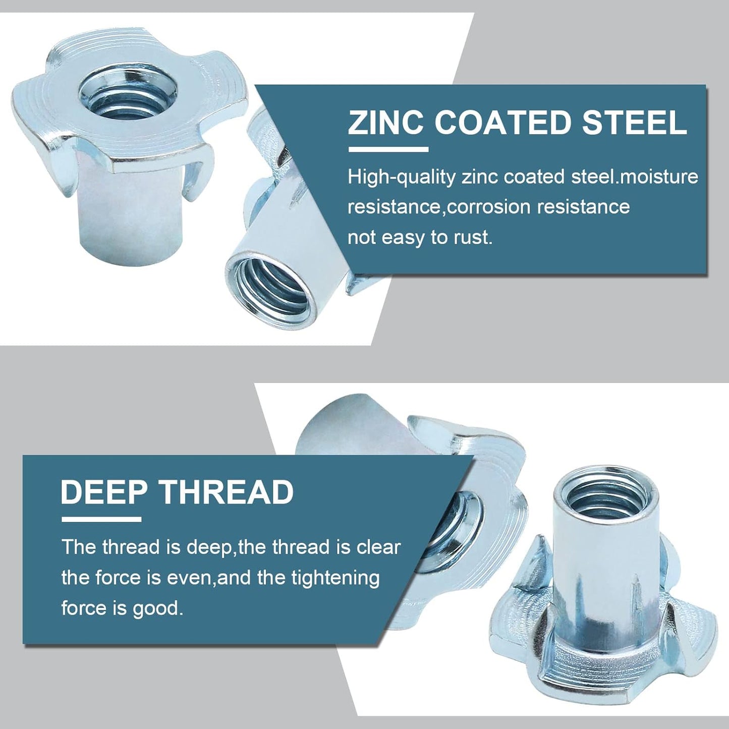 50 Pack 1/4"-20 T-Nuts, Four Pronged Tee Nut for Wood, Rock, Climbing Holds, Cabinetry (1/4"-20 x 9/16")