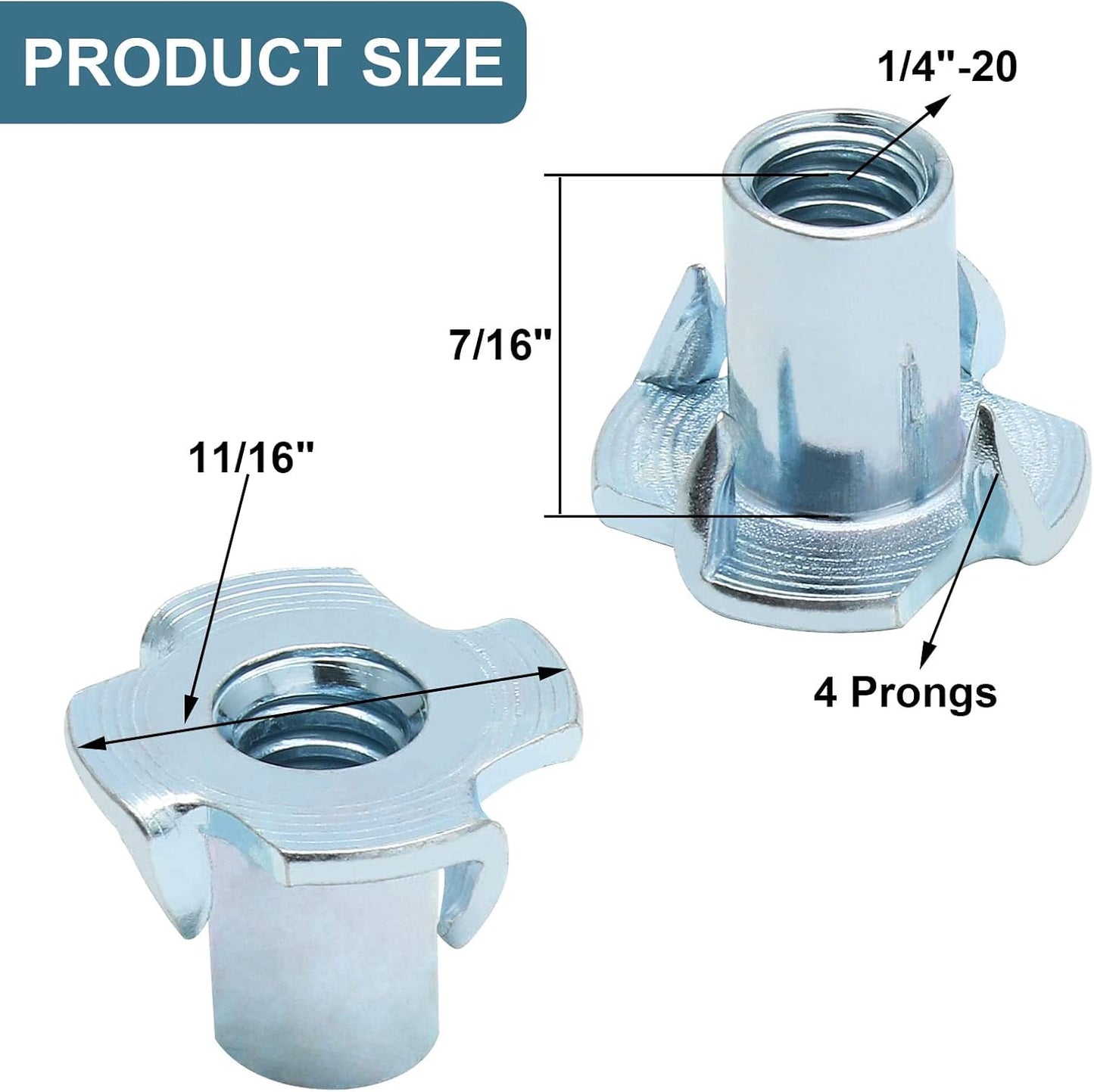 50 Pack 1/4"-20 T-Nuts, Four Pronged Tee Nut for Wood, Rock, Climbing Holds, Cabinetry (1/4"-20 x 9/16")