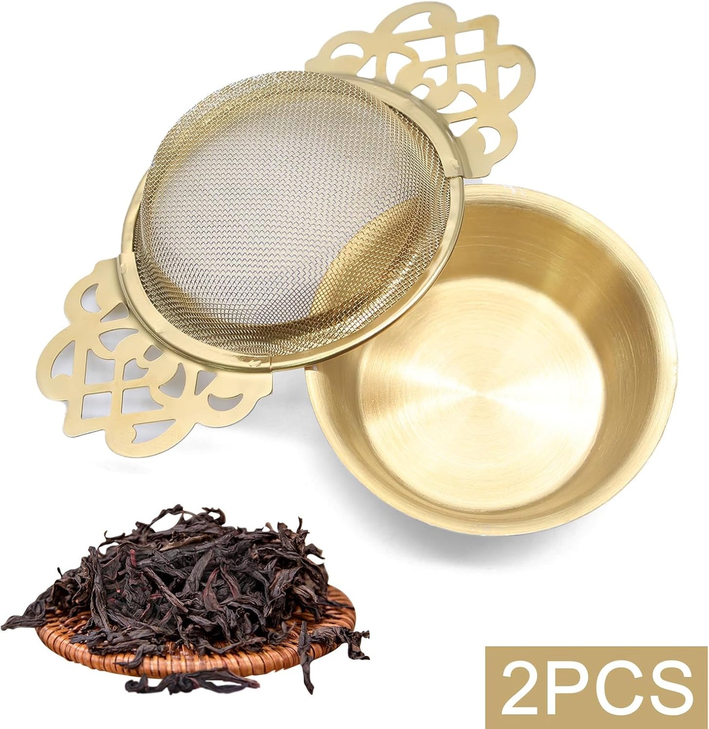 2 Pack Tea Strainers with Drip Bowls Stainless Steel Mesh Tea Infusers Loose Leaf Tea Filter with Handles Tea Steeper for Tea Juice Coffee Drinks, Gold