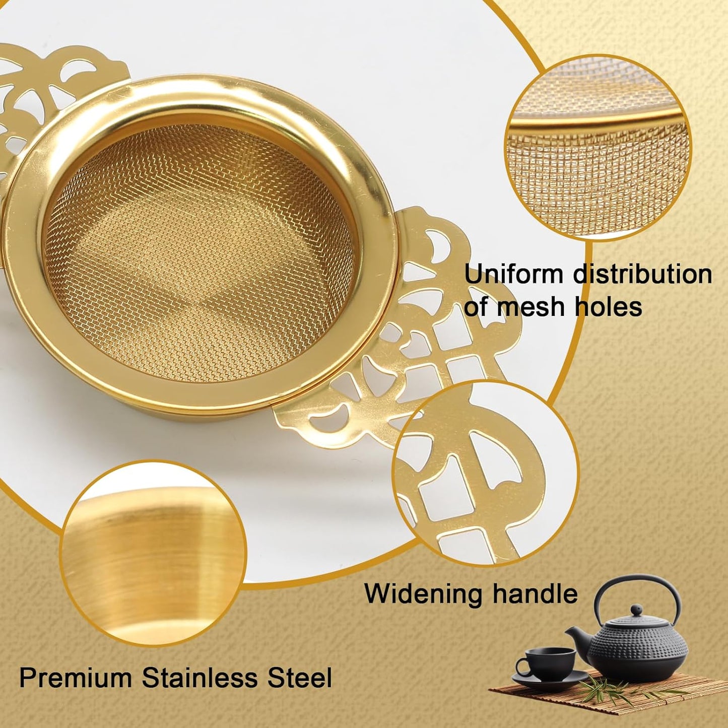 2 Pack Tea Strainers with Drip Bowls Stainless Steel Mesh Tea Infusers Loose Leaf Tea Filter with Handles Tea Steeper for Tea Juice Coffee Drinks, Gold