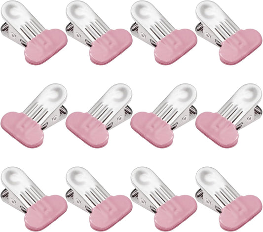 12 Pack Chip Bag Clips with Silicone Edges, 1.5 Inches Wide Chip Clips Food Clips Bag Clips Stainless Steel Food Bag Clips - Air Tight Seal, Heavy Duty for Kitchen and Office, Pink
