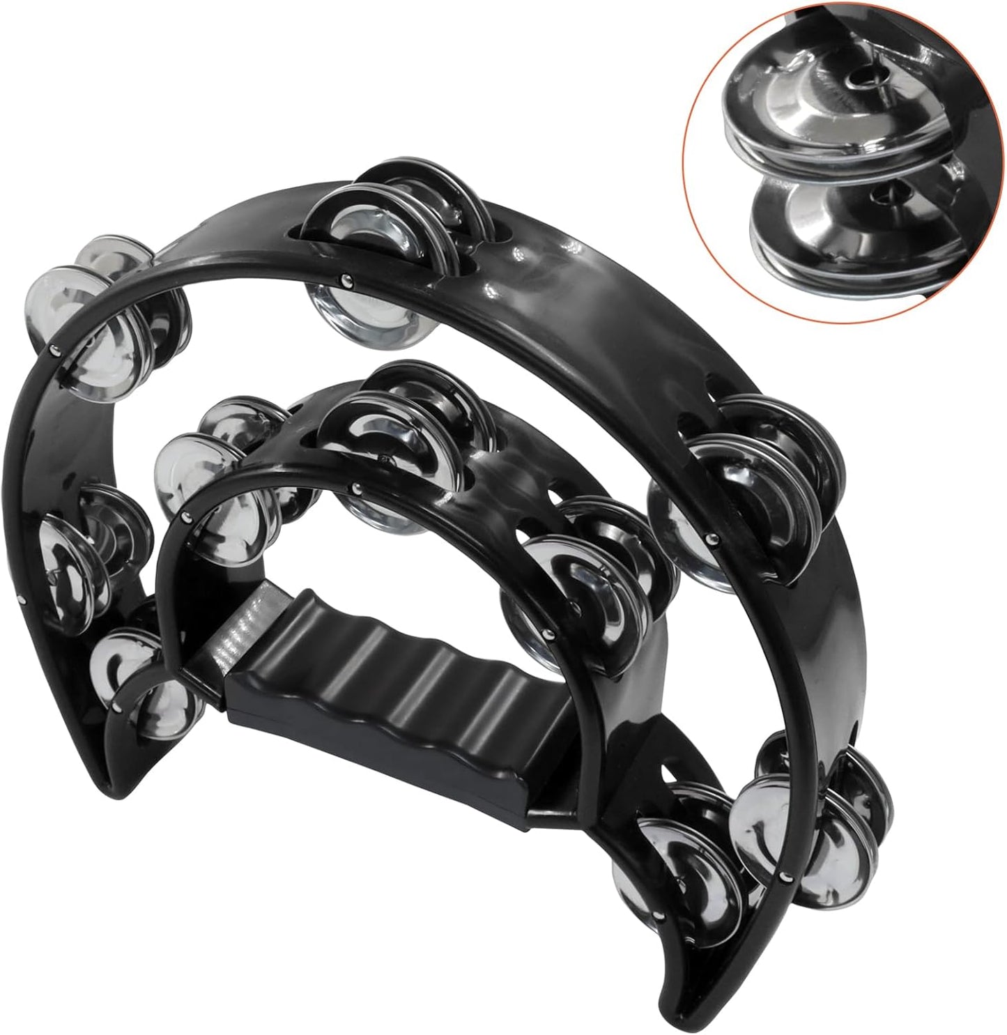 Tambourine Double Row, Metal Jingles Hand Held Percussion, Half Moon Tambourine for Kids/Adults/Party Kids-Black