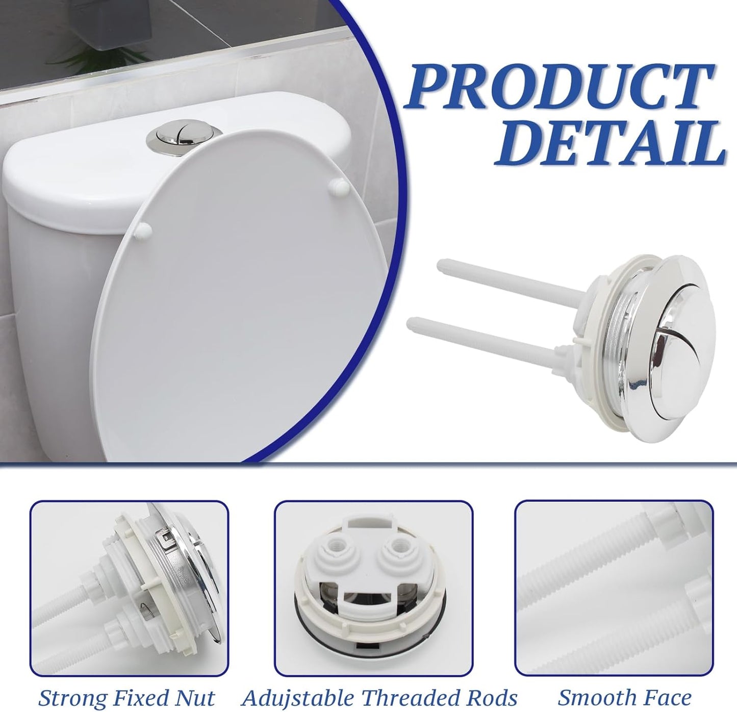 Toilet Tank Push Button 48mm Thread Diameter Dual Push Flushing Button Adjustable Toilet Water Tank Button Replacement, Pack of 1