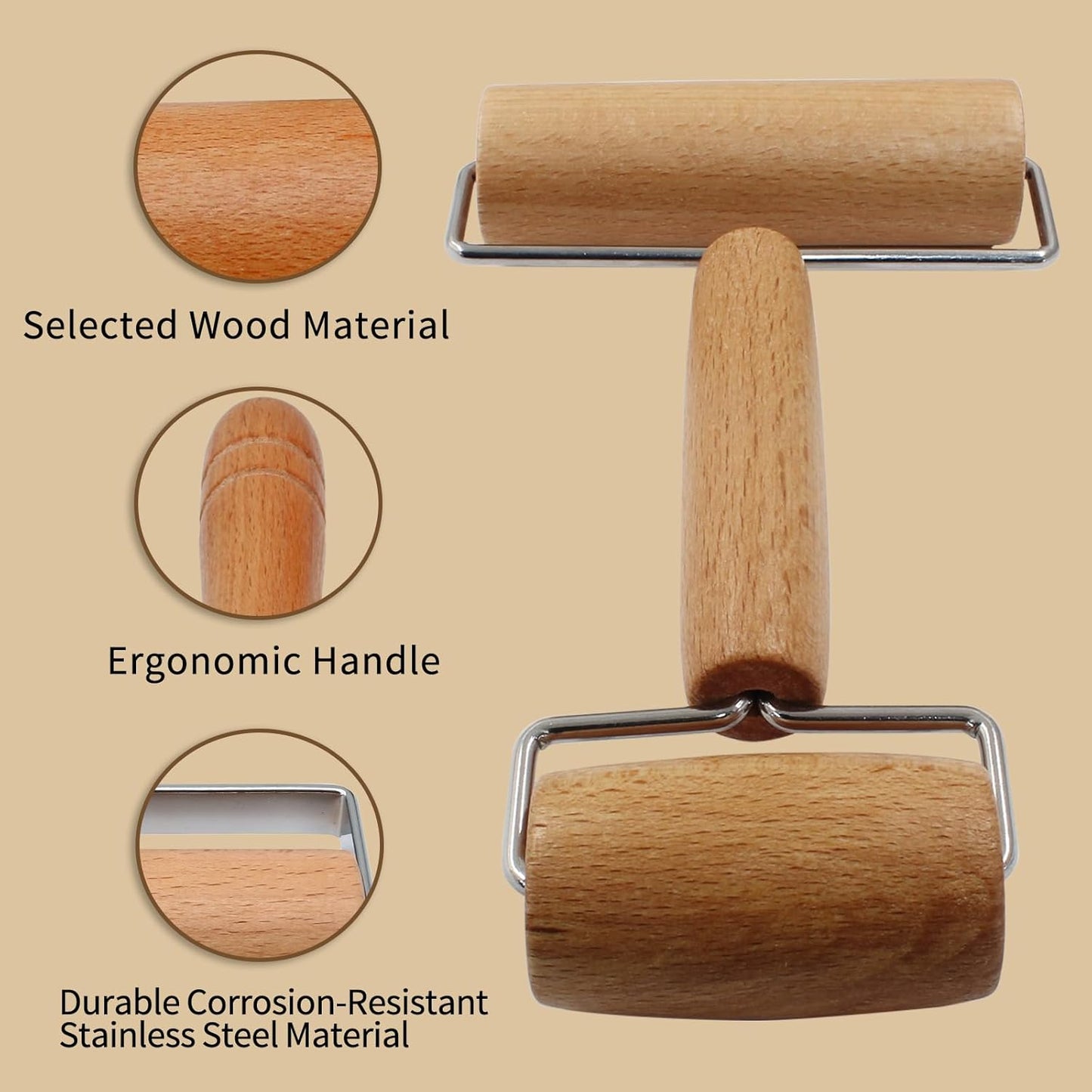 Wooden Rolling Pin, Ergonomic Non-Stick Pizza Baker Dough Pastry Roller for Kitchen Home Cooking Baking (H Square Type)