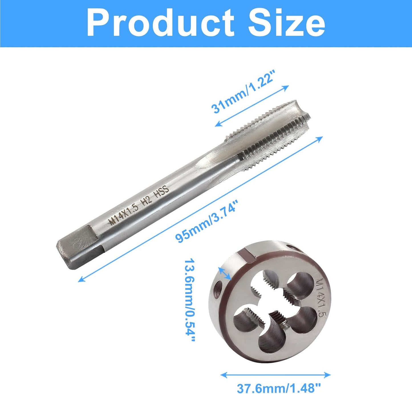M14 x 1.5 HSS Metric Thread Tap and Die Set, Right Hand Machine Thread Tap and Round Die