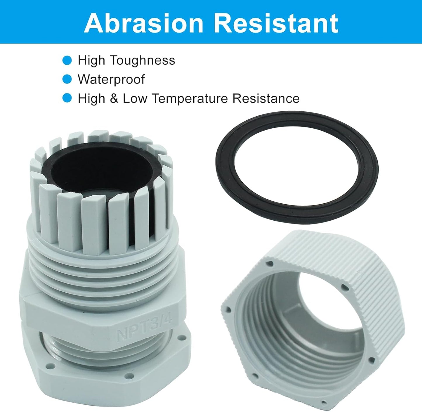 5 Pcs 3/4" NPT Cable Glands Waterproof Strain Relief Cord Connector Grip Adjustable Cable Connectors Cable Gland Joints Wire Protectors, Grey