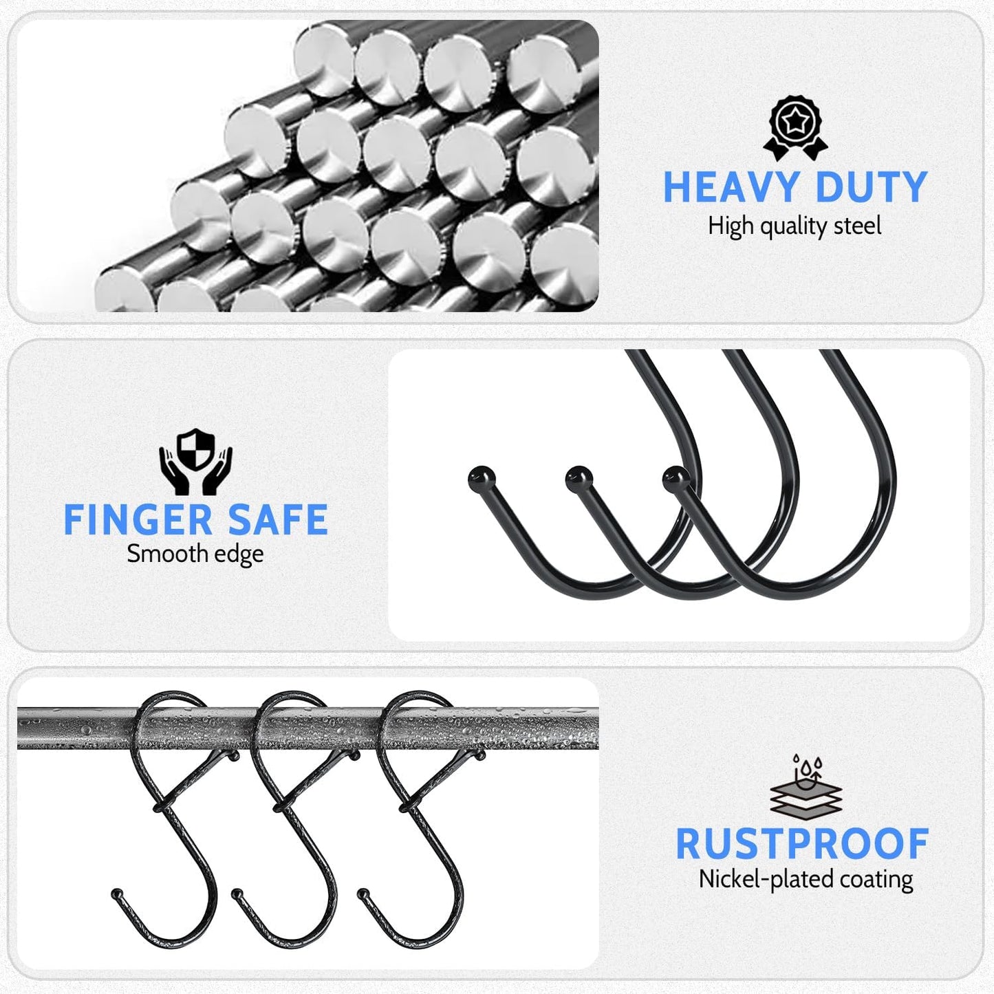 S Hooks, 8pcs 3.5 Inches Metal Safety Buckle S Shaped Hooks for Kitchen, Bathroom, Closet(Black)