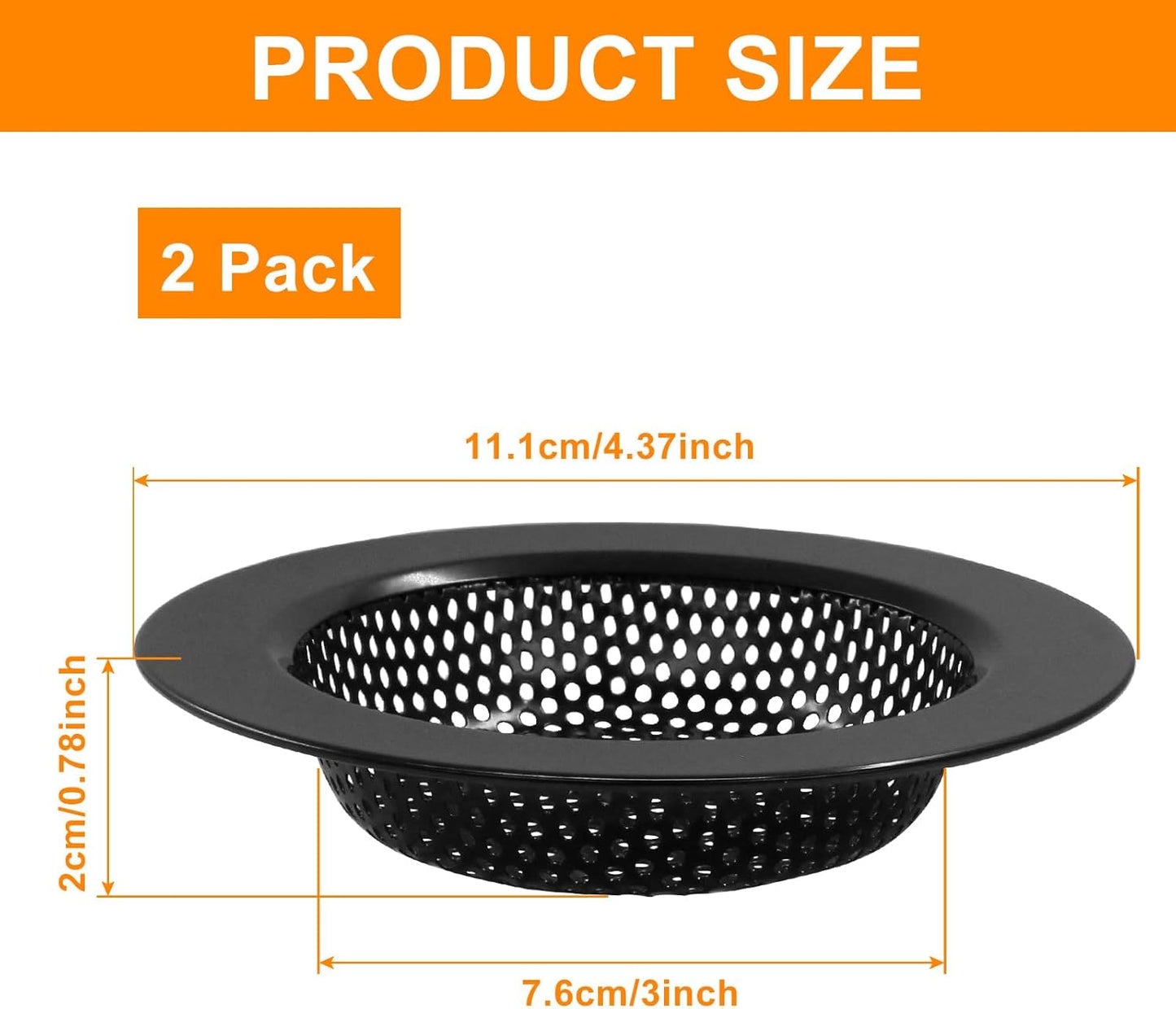2 Pcs Sink Strainer Stainless Steel Kitchen Sink Drain Strainer Basket Cover Mesh Hair Food Catcher with Large Wide Rim 4.4" Diameter, Matte Black