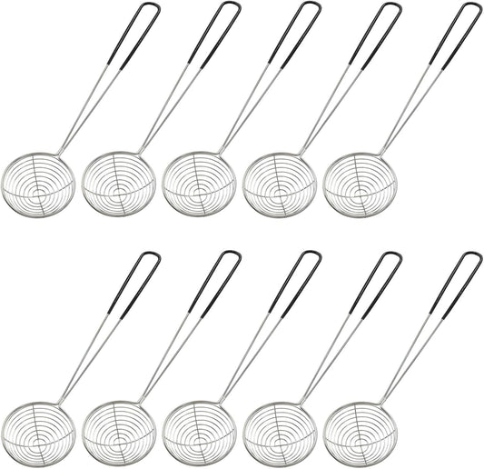 10 Pack Stainless Steel Spider Strainer Spoon, 2.5 Inch Mini Wire Skimmer Colander Small Ladle, Hot Pot Strainer Scoops for Home/Tortellini and Meatball(Black)