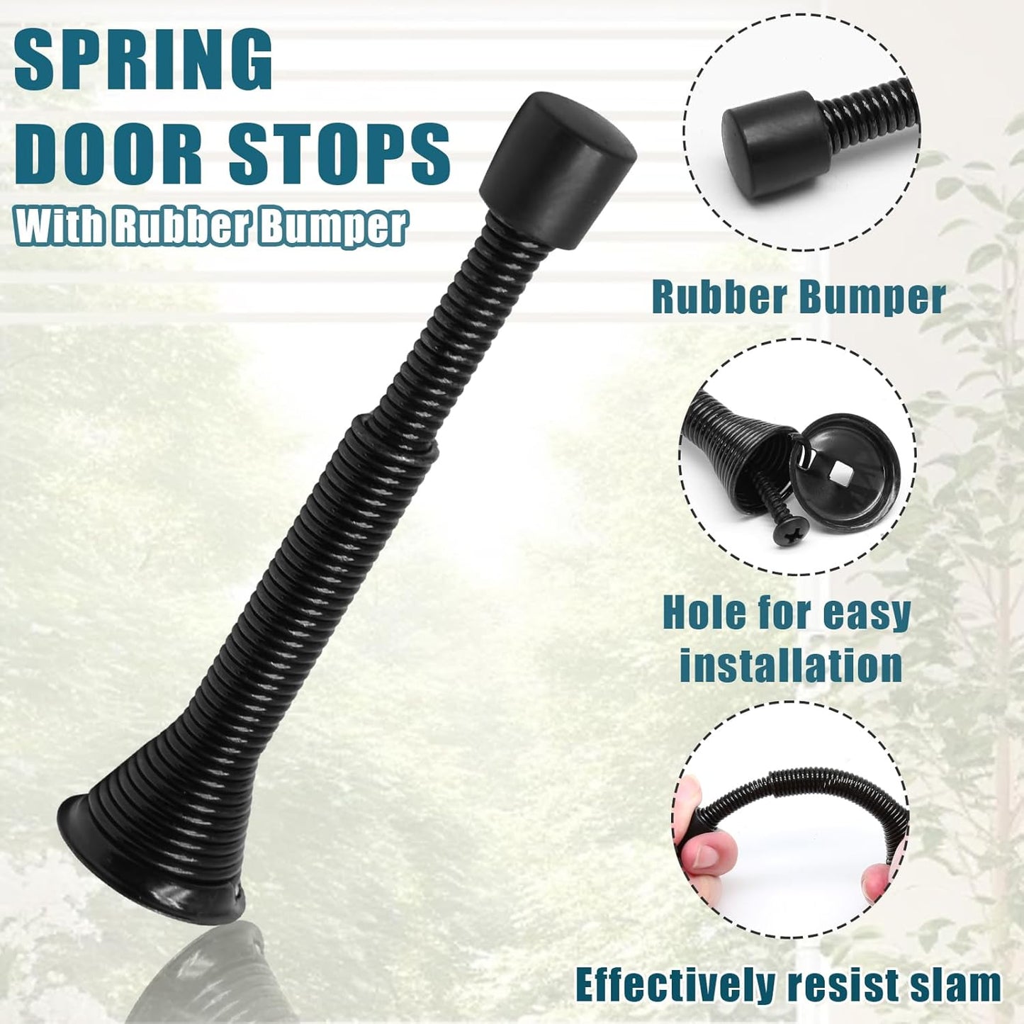 6 Pack Spring Door Stoppers with Rubber Bumper, 3 to 4 Inch Adjustable Spring Steel Door Stoppers, Flexible Wall Door Stops（Black）