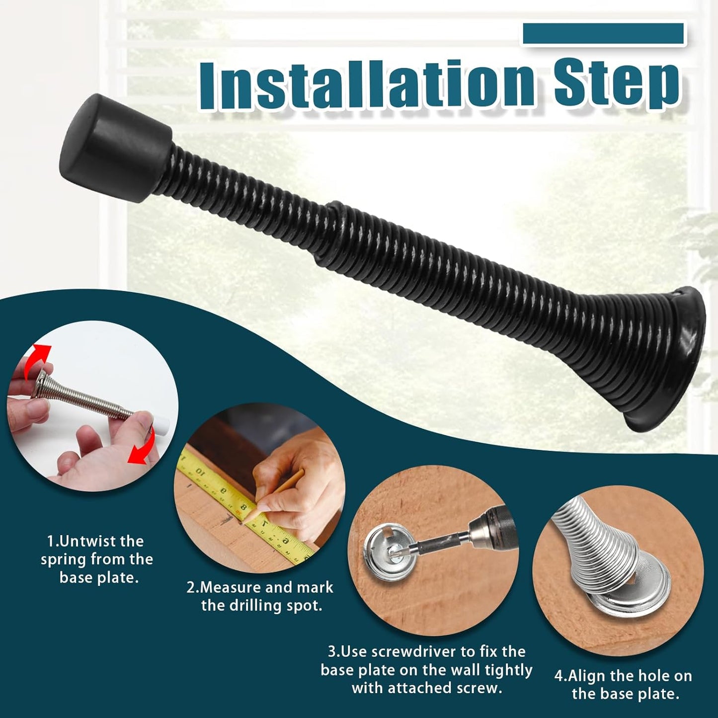 6 Pack Spring Door Stoppers with Rubber Bumper, 3 to 4 Inch Adjustable Spring Steel Door Stoppers, Flexible Wall Door Stops（Black）