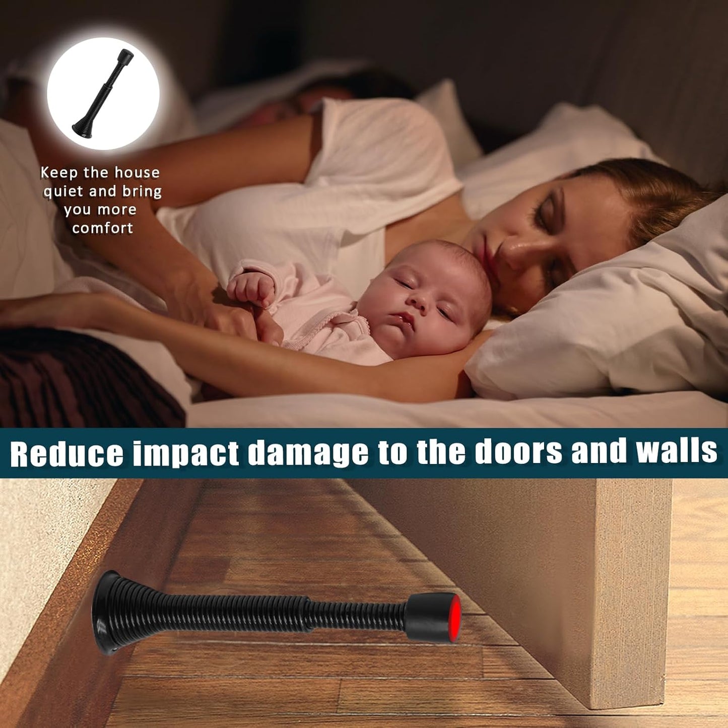 6 Pack Spring Door Stoppers with Rubber Bumper, 3 to 4 Inch Adjustable Spring Steel Door Stoppers, Flexible Wall Door Stops（Black）