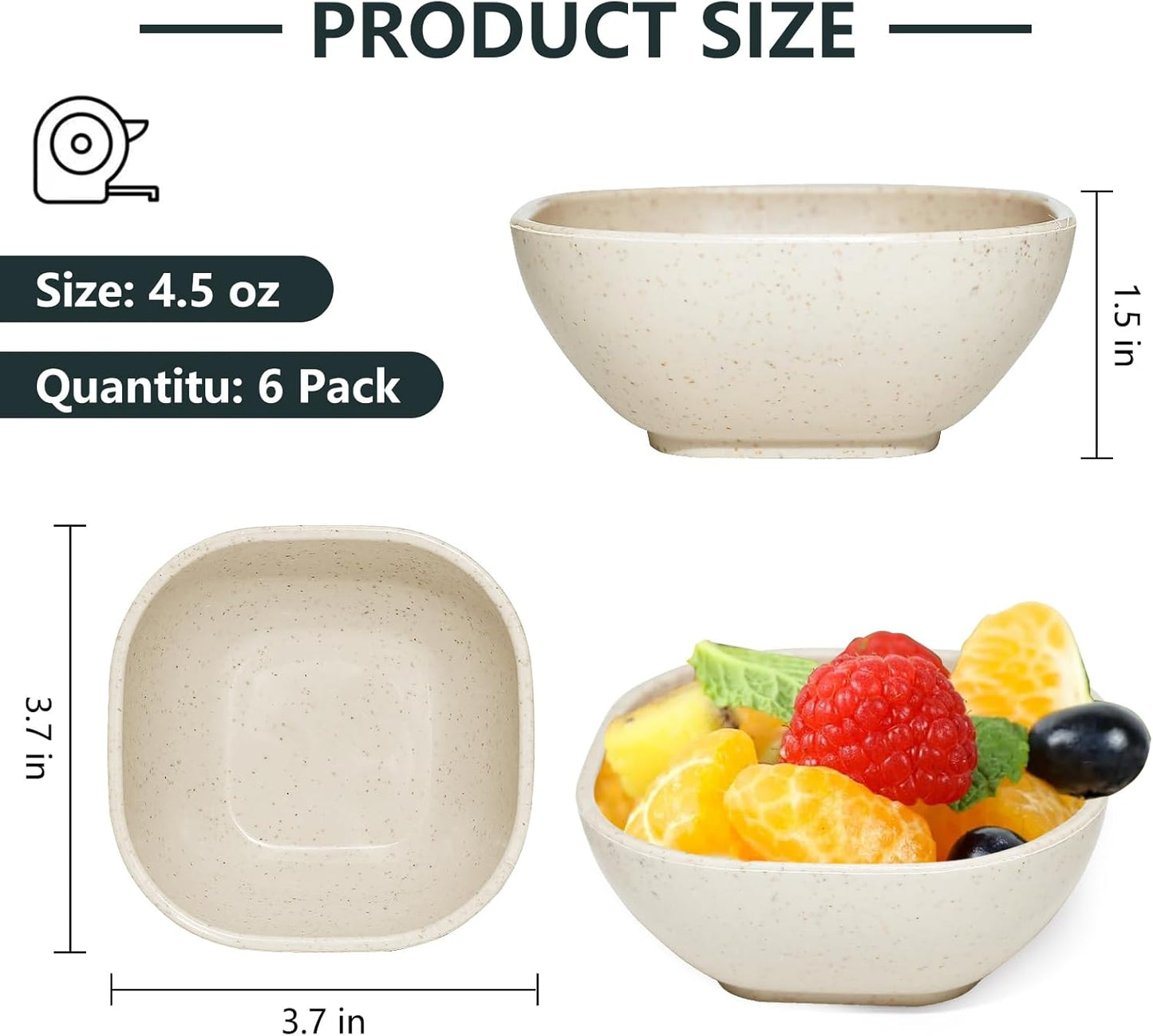 6 Pack Small Plastic Bowls 4.5 OZ Unbreakable Wheat Straw Dipping Bowls，plastic ramekins, Assorted Colors Dipping Sauce Cups, dip cups， Dessert, Ketchup