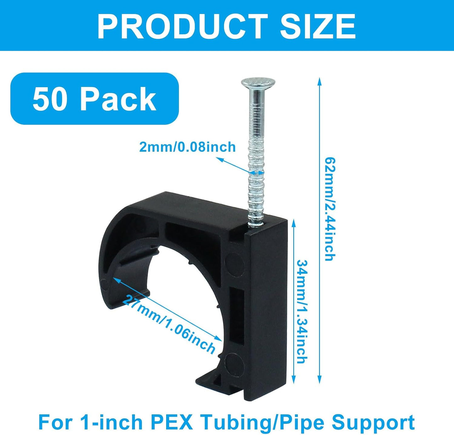 50 PCS 1" Half Clamp Fixture Black J-Hook with Nail J Clamps For 1" PEX Tubing/Pipe Support