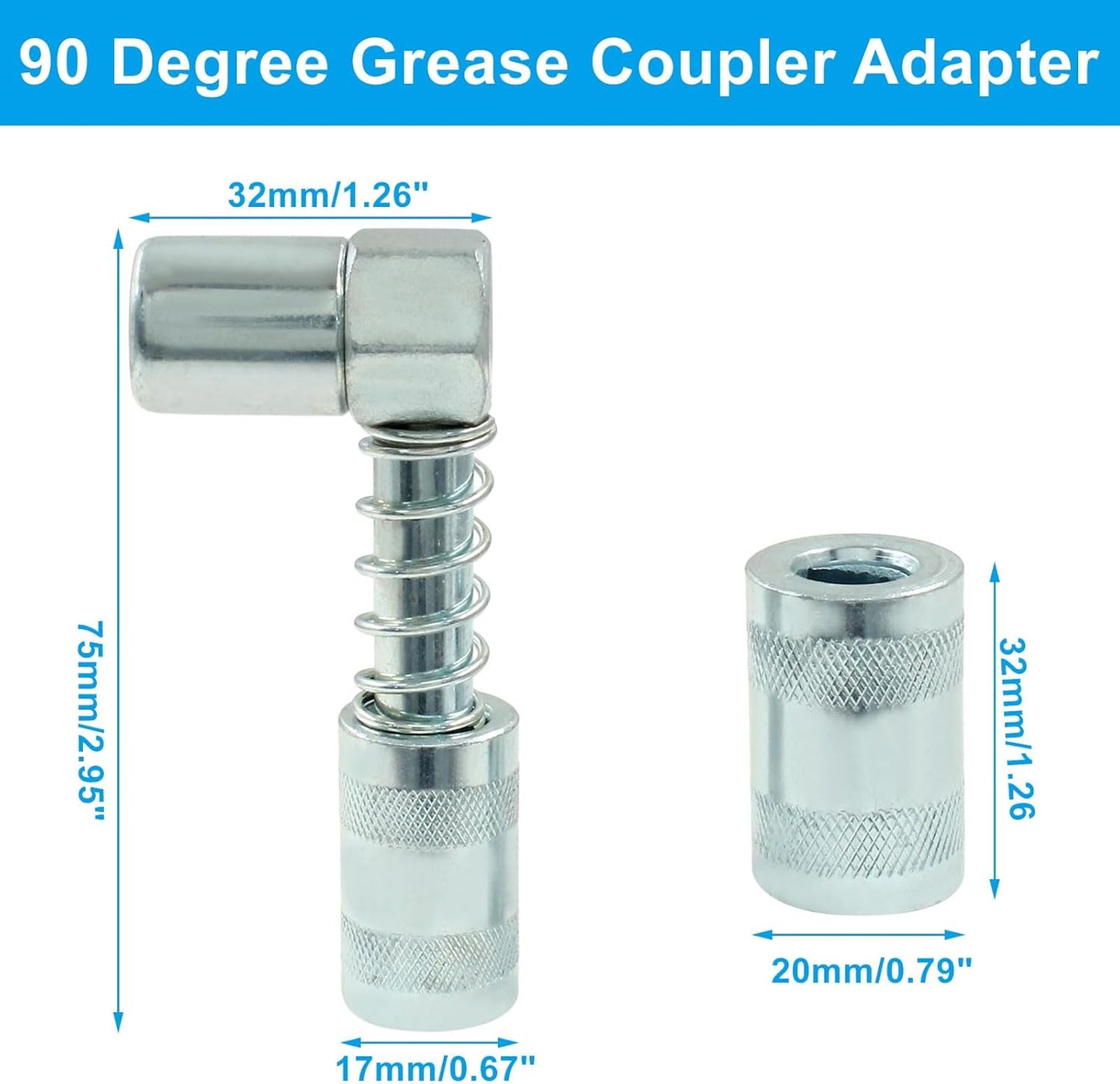 1 Pack 90 Degree Grease Coupler Adapter with Sleeves, Grease Gun Coupler Snaps onto Grease Fittings in Tight Spaces for Farm Truck Auto Industrial Use
