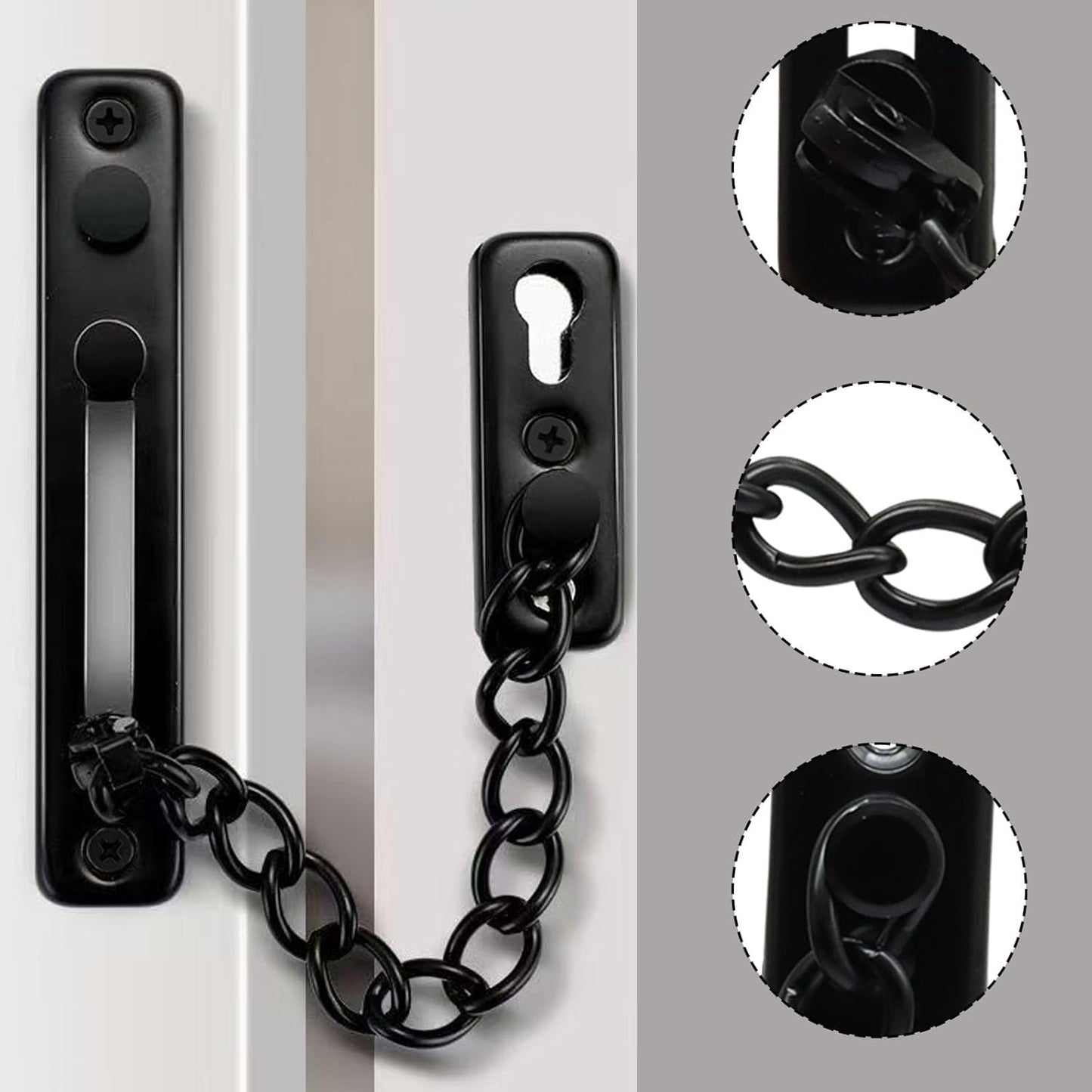 Heavy Duty Door Chain Lock with Mounting Screws, Stainless Steel Door Chain Guard for Front Doors, Pet Safe (Black, 2 Pack)