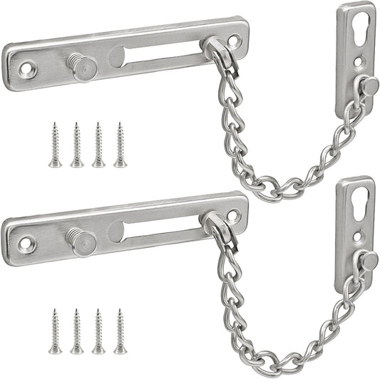 Heavy Duty Door Chain Lock with Mounting Screws, Stainless Steel Door Chain Guard for Front Doors, Pet Safe (Silver, 2 Pack)