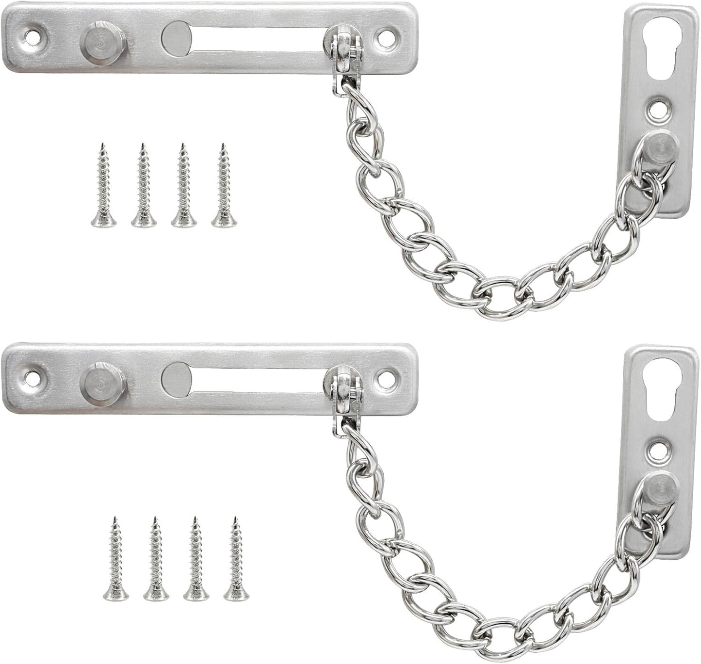 Heavy Duty Door Chain Lock with Mounting Screws, Stainless Steel Door Chain Guard for Front Doors, Pet Safe (Silver, 2 Pack)