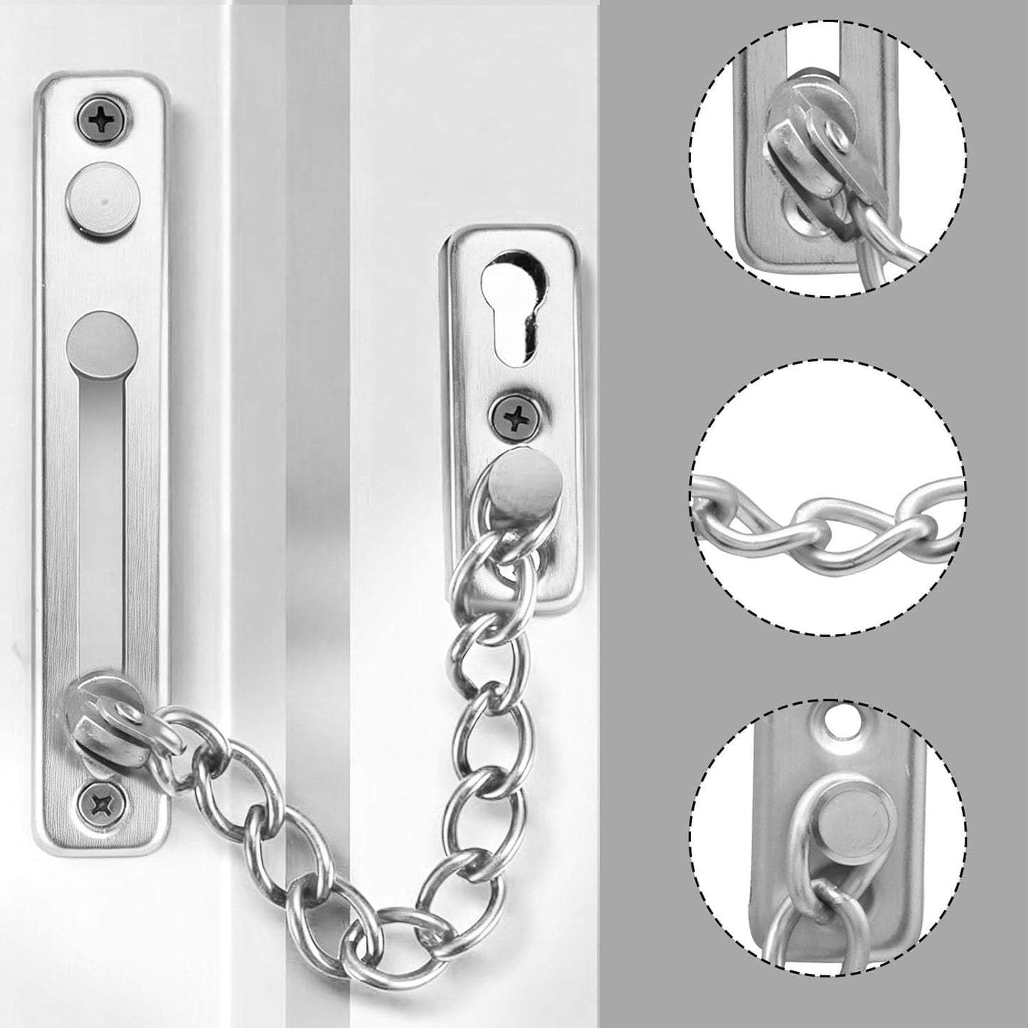 Heavy Duty Door Chain Lock with Mounting Screws, Stainless Steel Door Chain Guard for Front Doors, Pet Safe (Silver, 2 Pack)