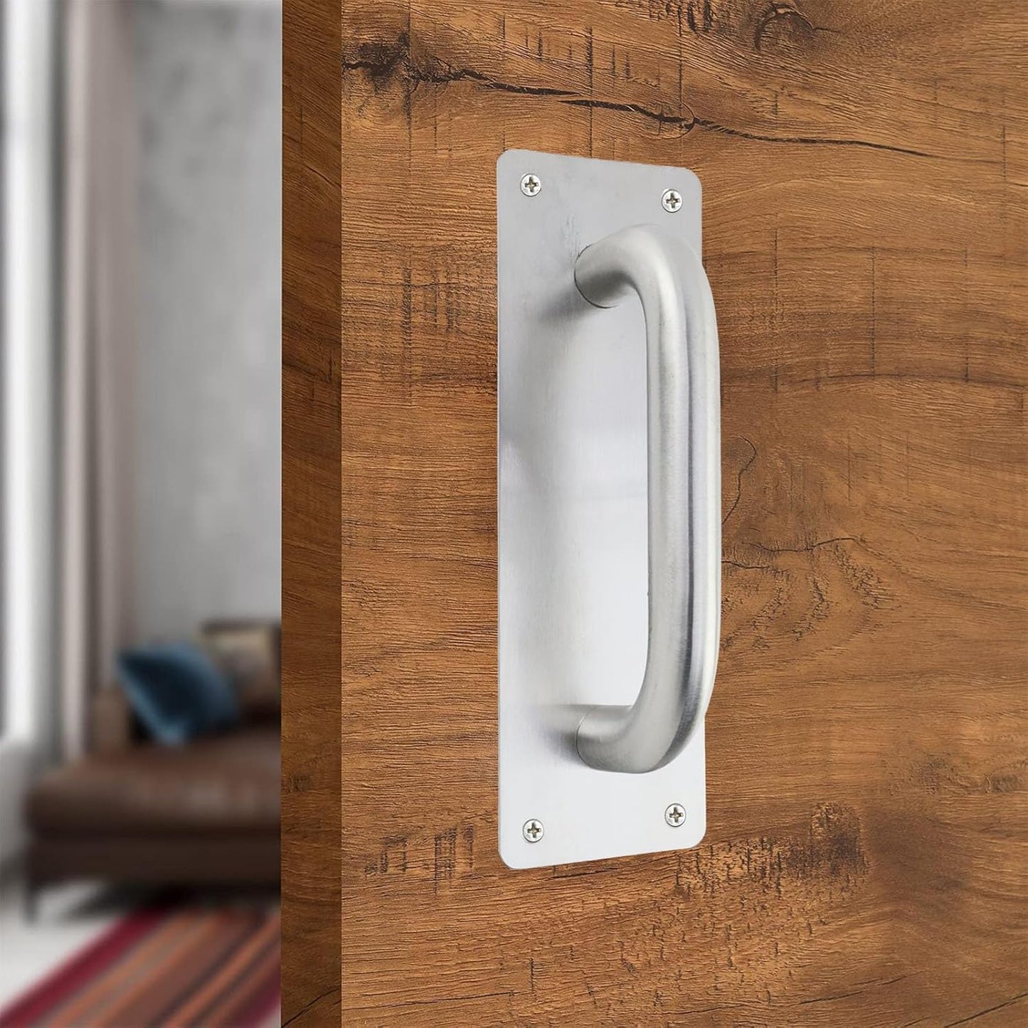 Door Pull Handle with Plate Stainess Steel Heavy Duty Barn Door Handle Push Pull Handles for Shed Commercial Gate, Silver, 7-7/8-inch x 2-9/16-inch