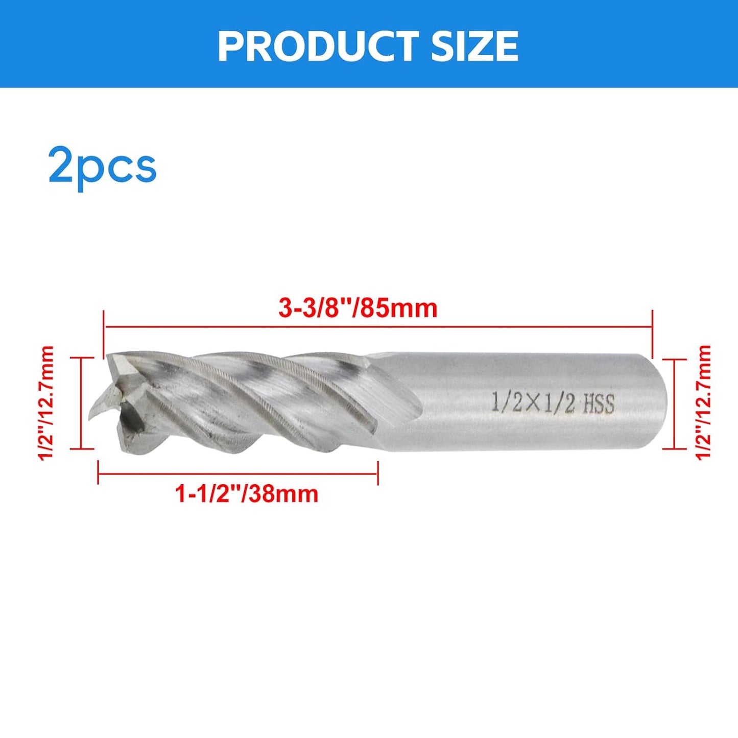 Square End Mill 1/2" Cutting Dia x 1/2" Shank Dia 4 Flute Straight End Mill Cutter - 2pcs
