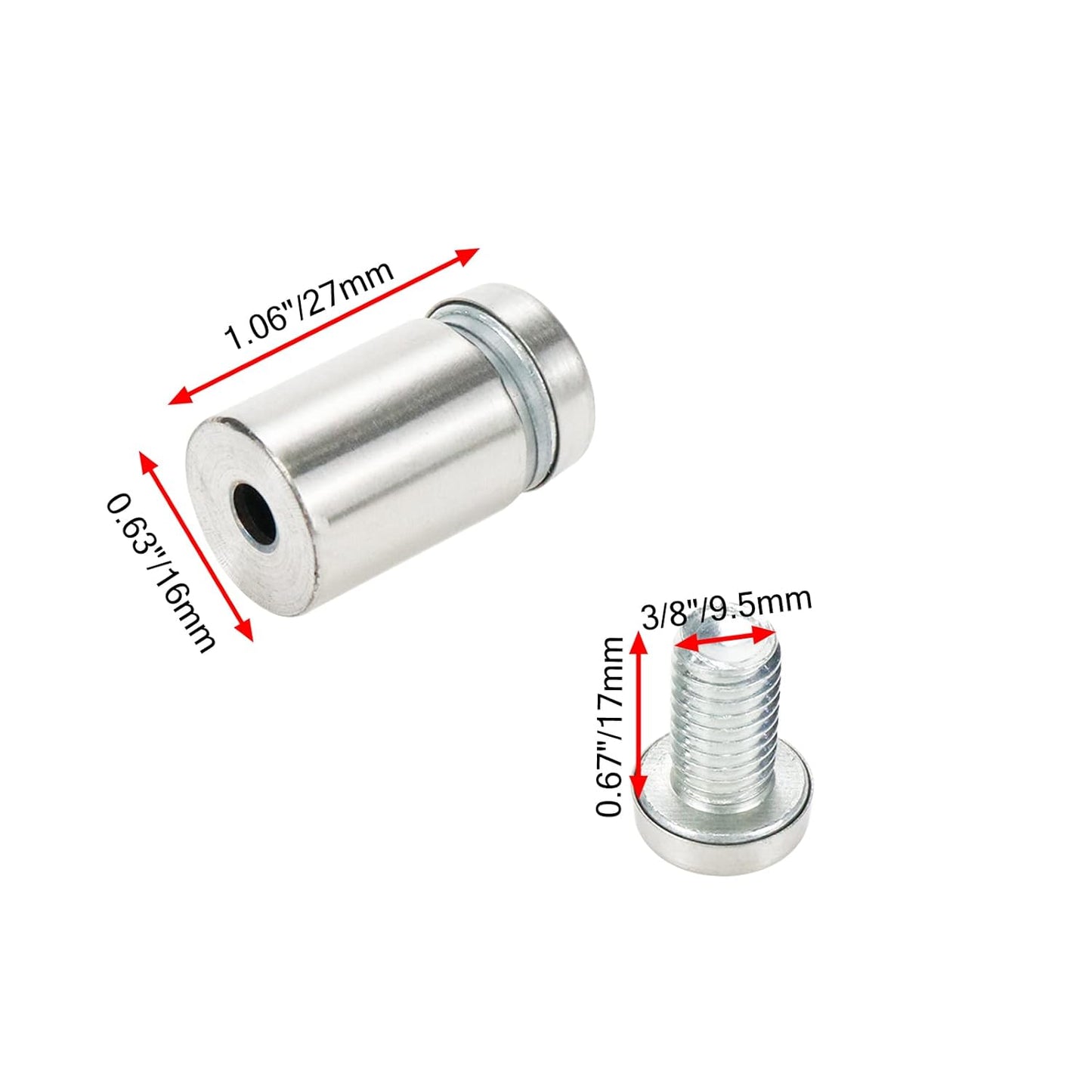 Sign Standoff Screws 0.63" Dia 1.06" Length Glass Standoff Bolts Stainless Steel 3/8" Thread Dia Advertising Screws - 8pcs