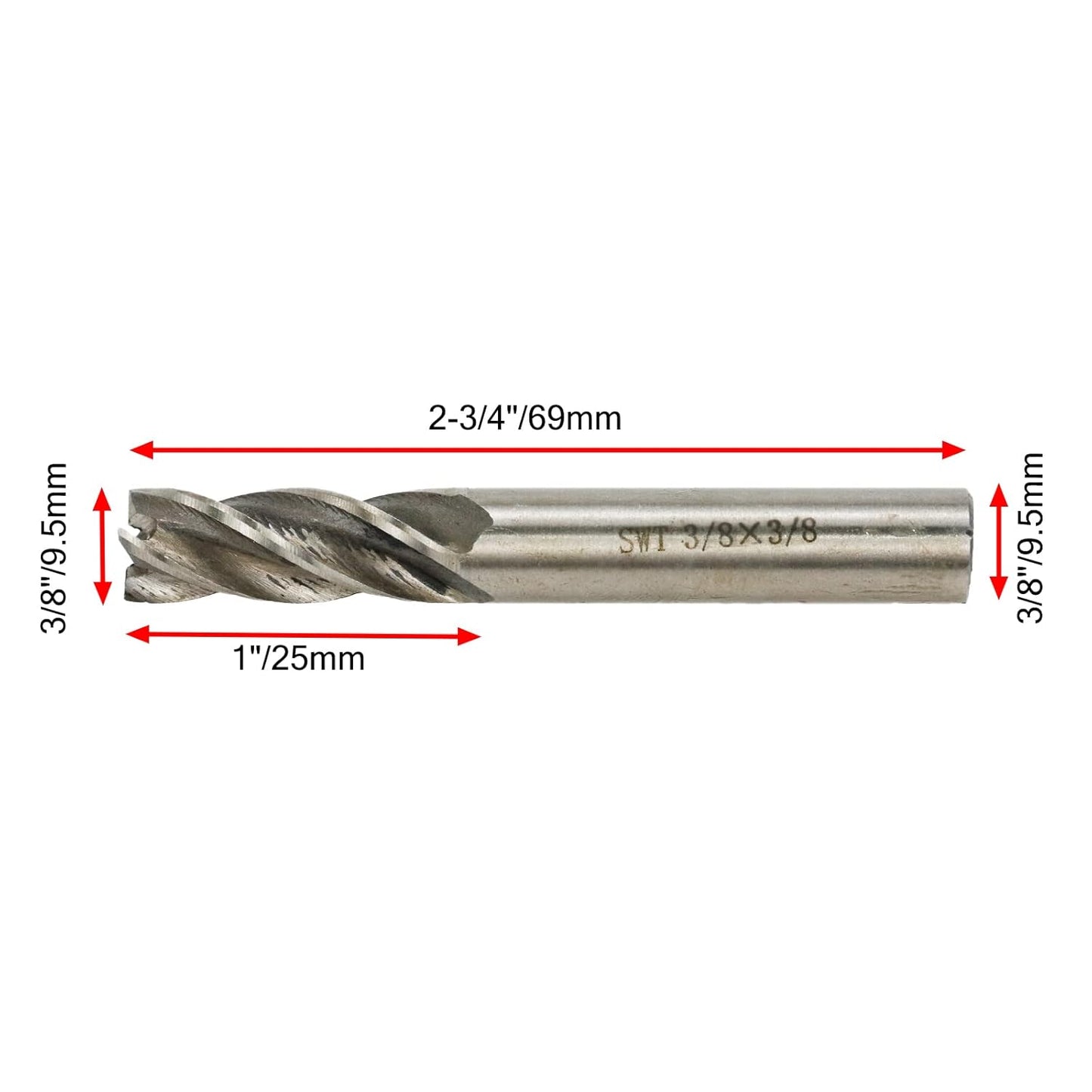 Square End Mill 3/8" Cutting Dia x 3/8" Shank Dia 4 Flute Straight End Mill Cutter - 2pcs
