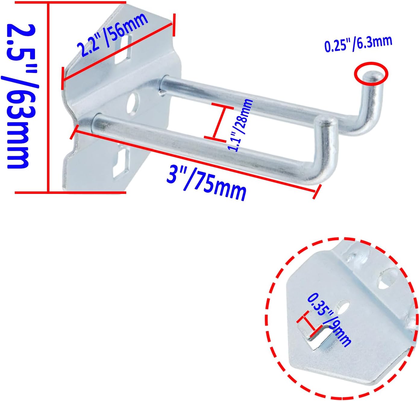 Pegboard Hooks Heavy Duty Metal Steel 3/8" Square Hole Peg Hooks Suitbale for 1.5" Spaced Pegboards Double Arm Wall Hooks for Organizing Tools in Home or Garage 3-inch Length -6pcs