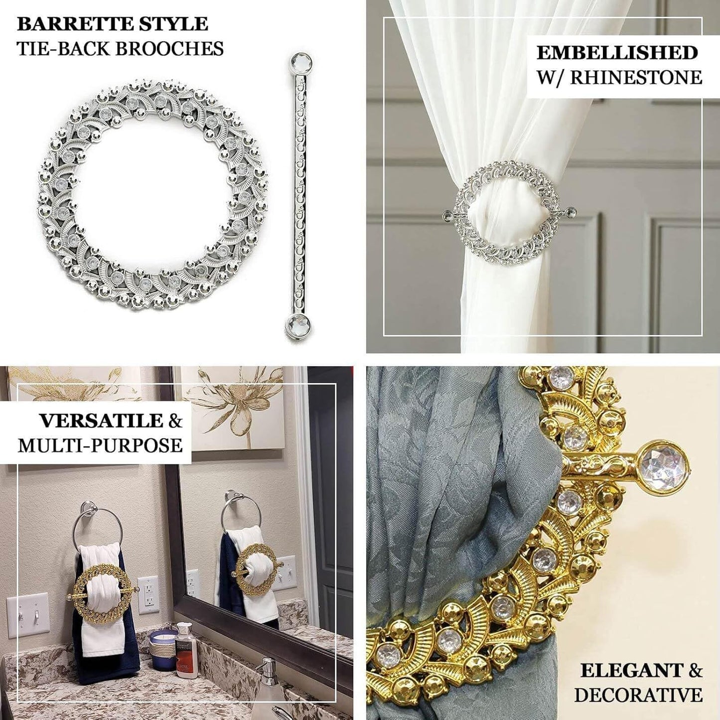 Efavormart 2 Pack | 7" Gold Barrette Style Acrylic Crystal Curtain Tie Backs, Round Backdrop Drapery Brooch Holdbacks