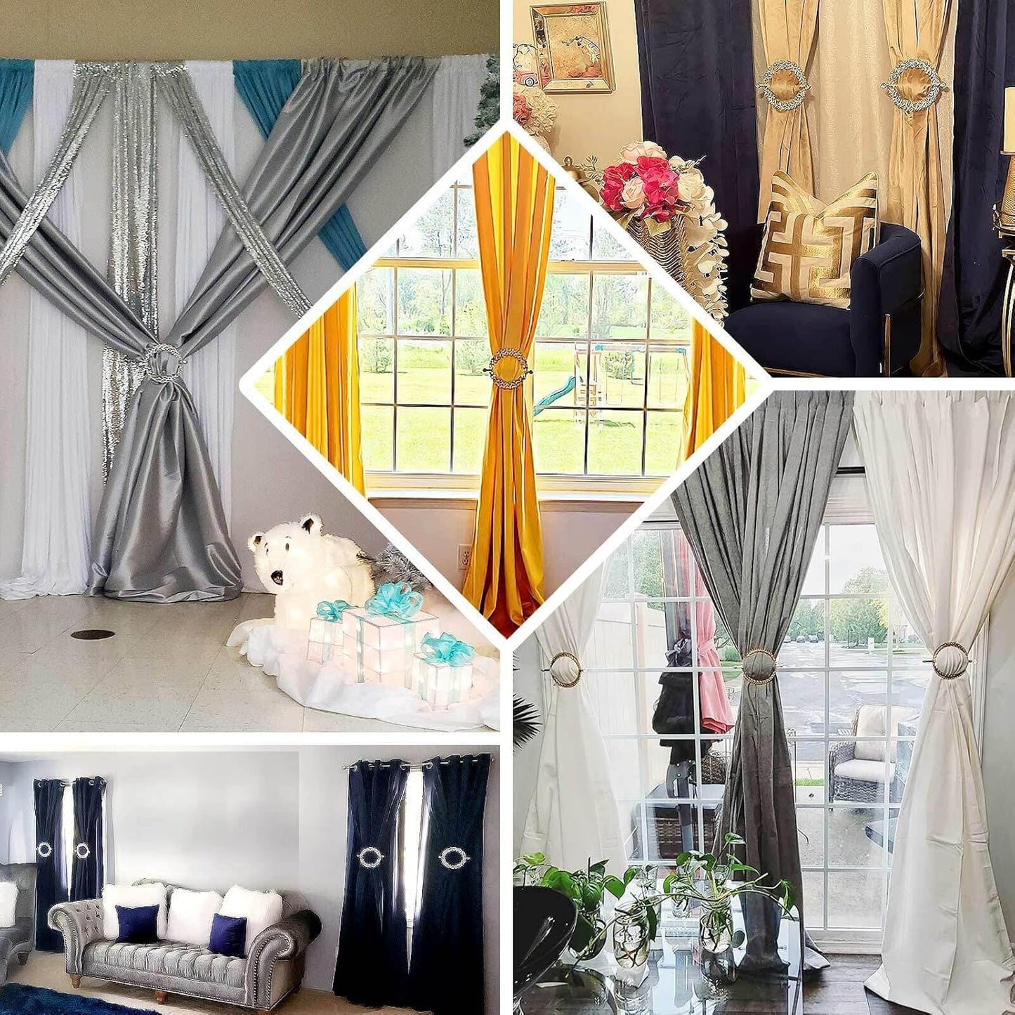 Efavormart 2 Pack | 7" Gold Barrette Style Acrylic Crystal Curtain Tie Backs, Round Backdrop Drapery Brooch Holdbacks