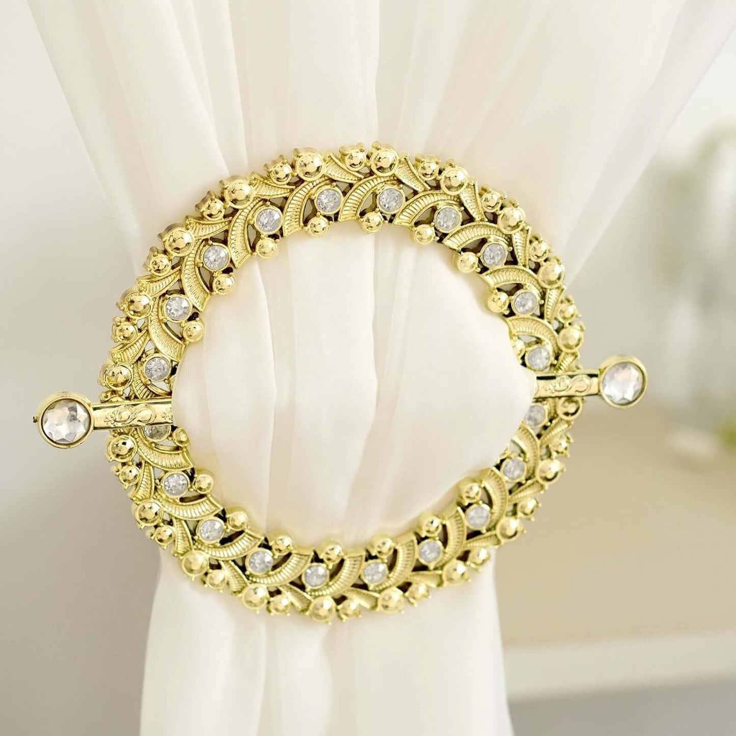 Efavormart 2 Pack | 7" Gold Barrette Style Acrylic Crystal Curtain Tie Backs, Round Backdrop Drapery Brooch Holdbacks