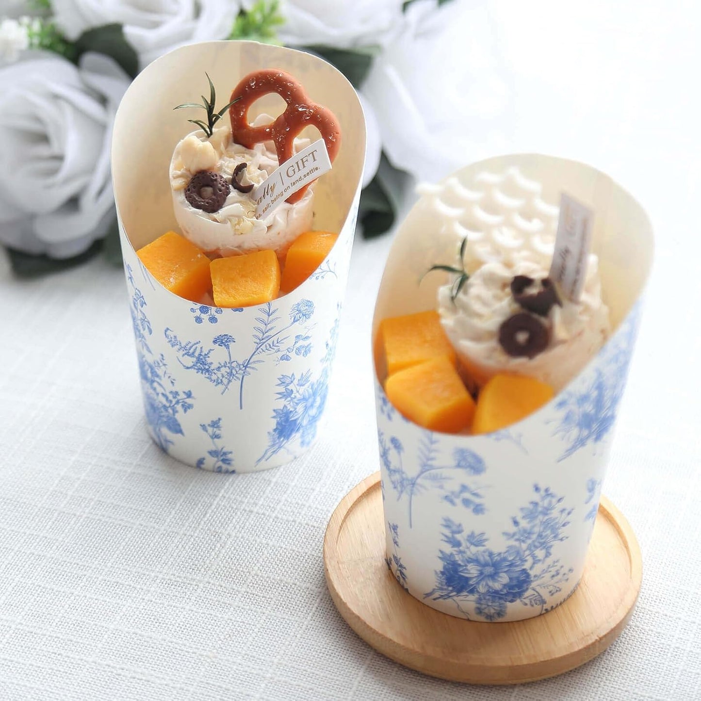 Efavormart 50 Pack White Blue Paper Popcorn Box Cone Cups with French Toile Floral Pattern, Disposable Appetizer Snack Cups - 14oz