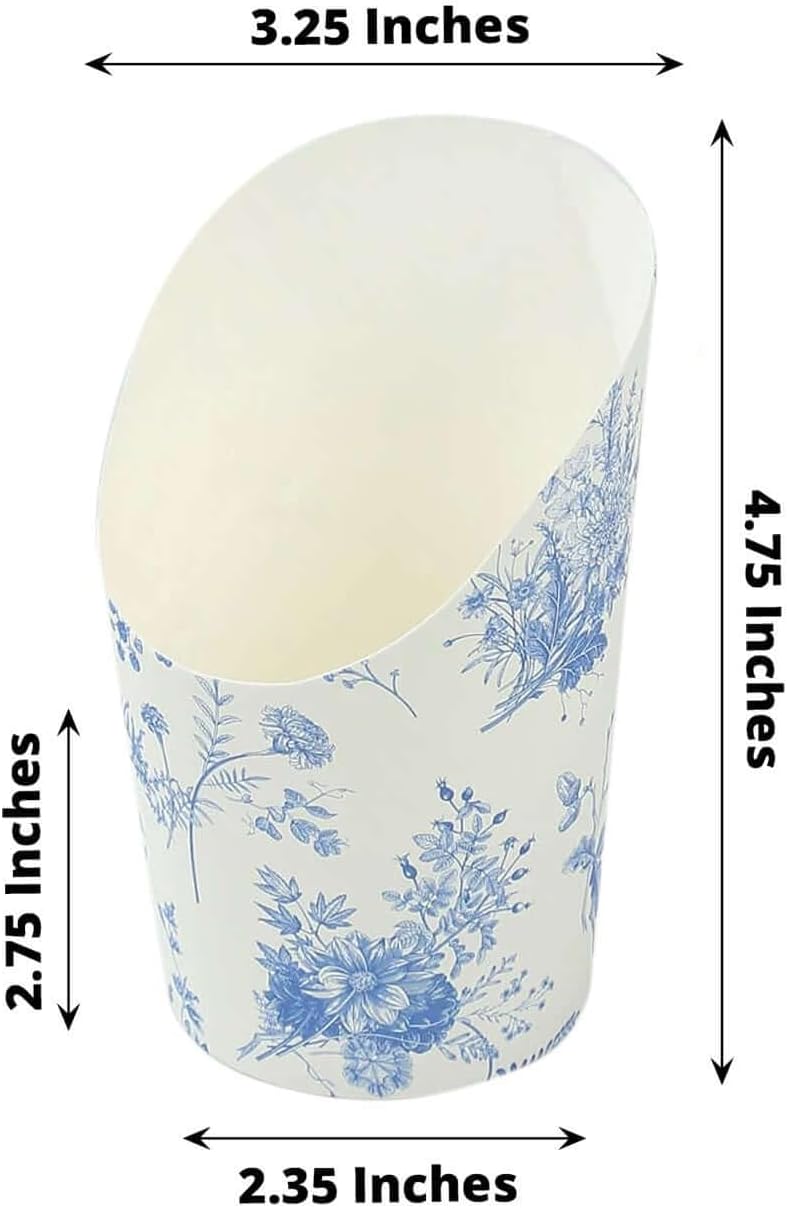 Efavormart 50 Pack White Blue Paper Popcorn Box Cone Cups with French Toile Floral Pattern, Disposable Appetizer Snack Cups - 14oz