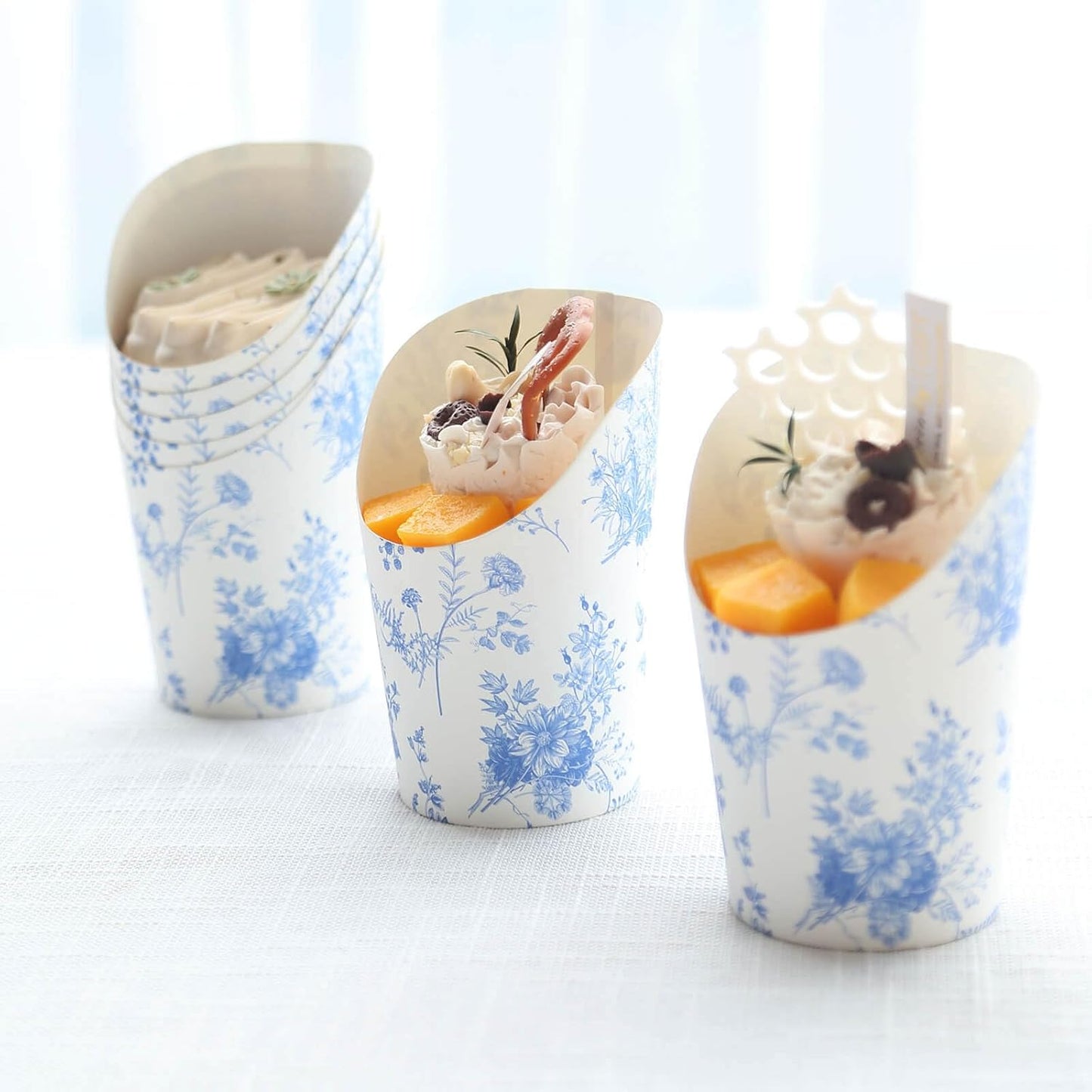 Efavormart 50 Pack White Blue Paper Popcorn Box Cone Cups with French Toile Floral Pattern, Disposable Appetizer Snack Cups - 14oz