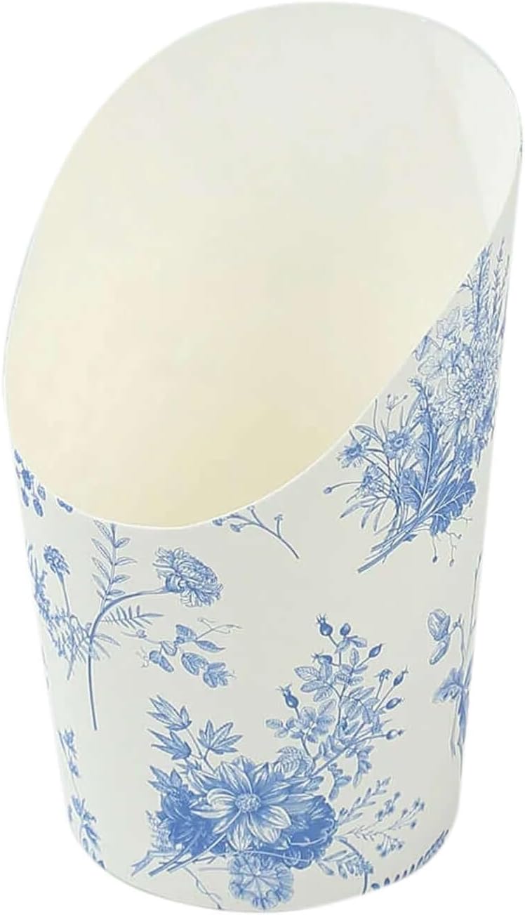 Efavormart 50 Pack White Blue Paper Popcorn Box Cone Cups with French Toile Floral Pattern, Disposable Appetizer Snack Cups - 14oz