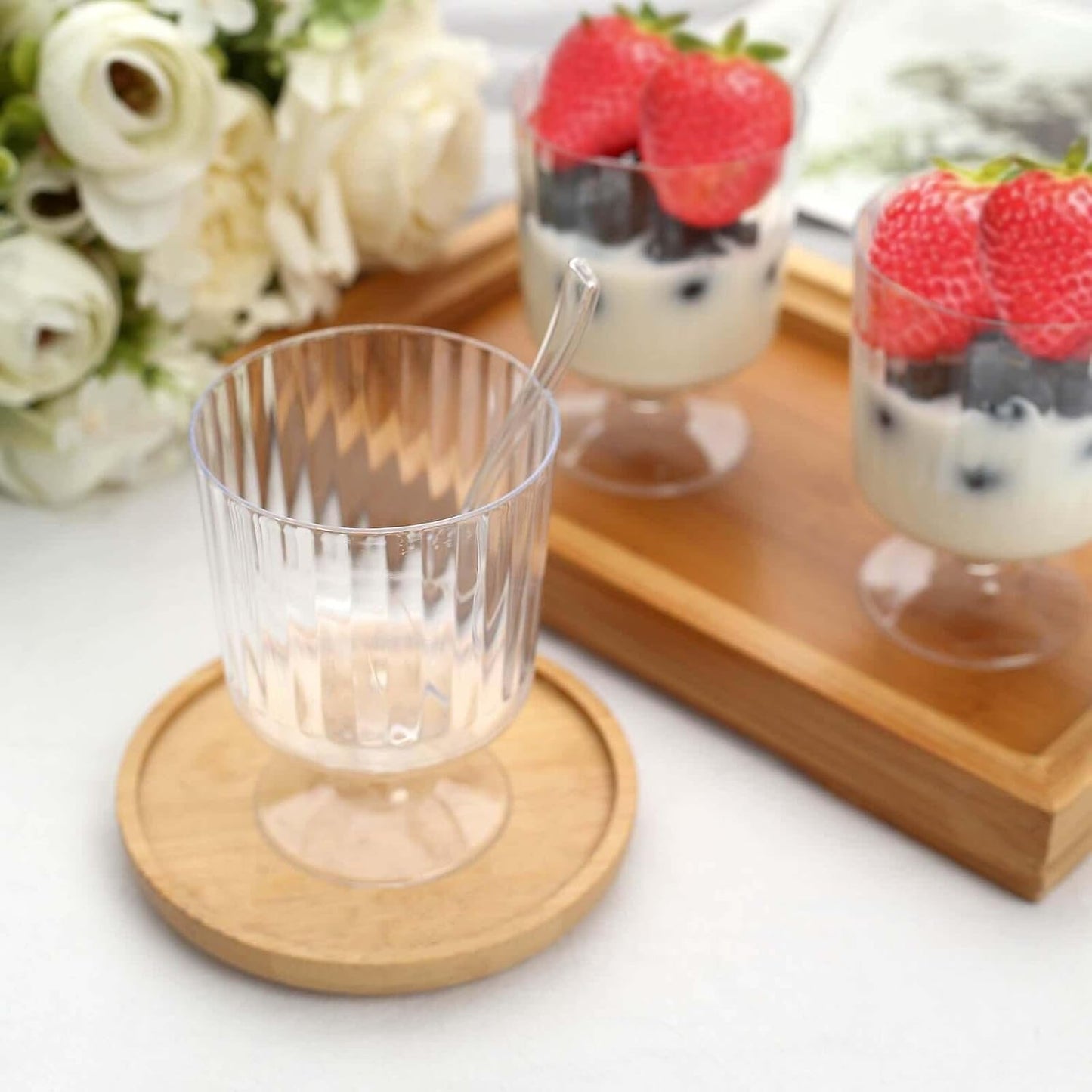 Efavormart 24 Pack | 5oz Clear Mini Ribbed Pedestal Plastic Dessert Cups With Spoons, Disposable Snack Cup Spoon Sets