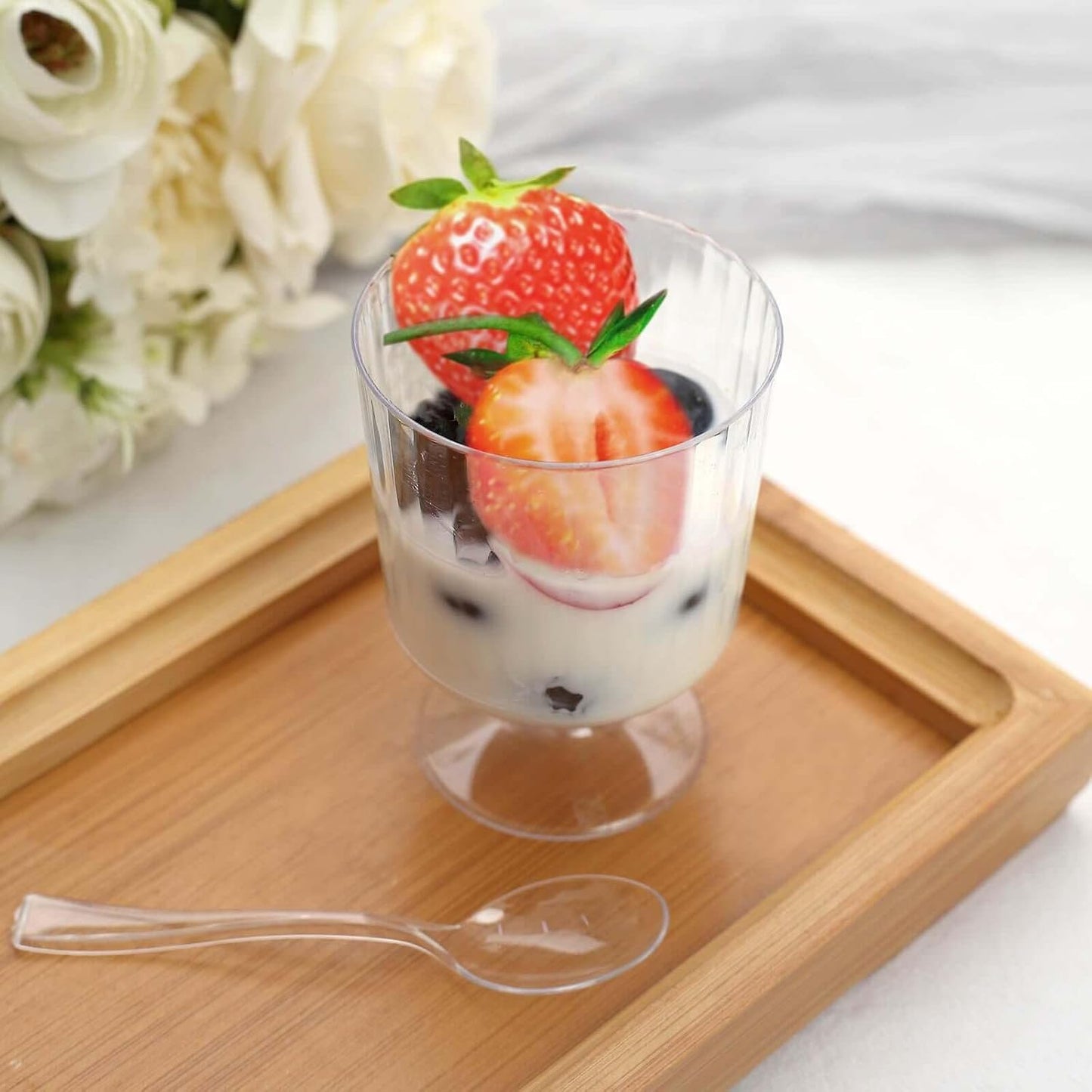 Efavormart 24 Pack | 5oz Clear Mini Ribbed Pedestal Plastic Dessert Cups With Spoons, Disposable Snack Cup Spoon Sets
