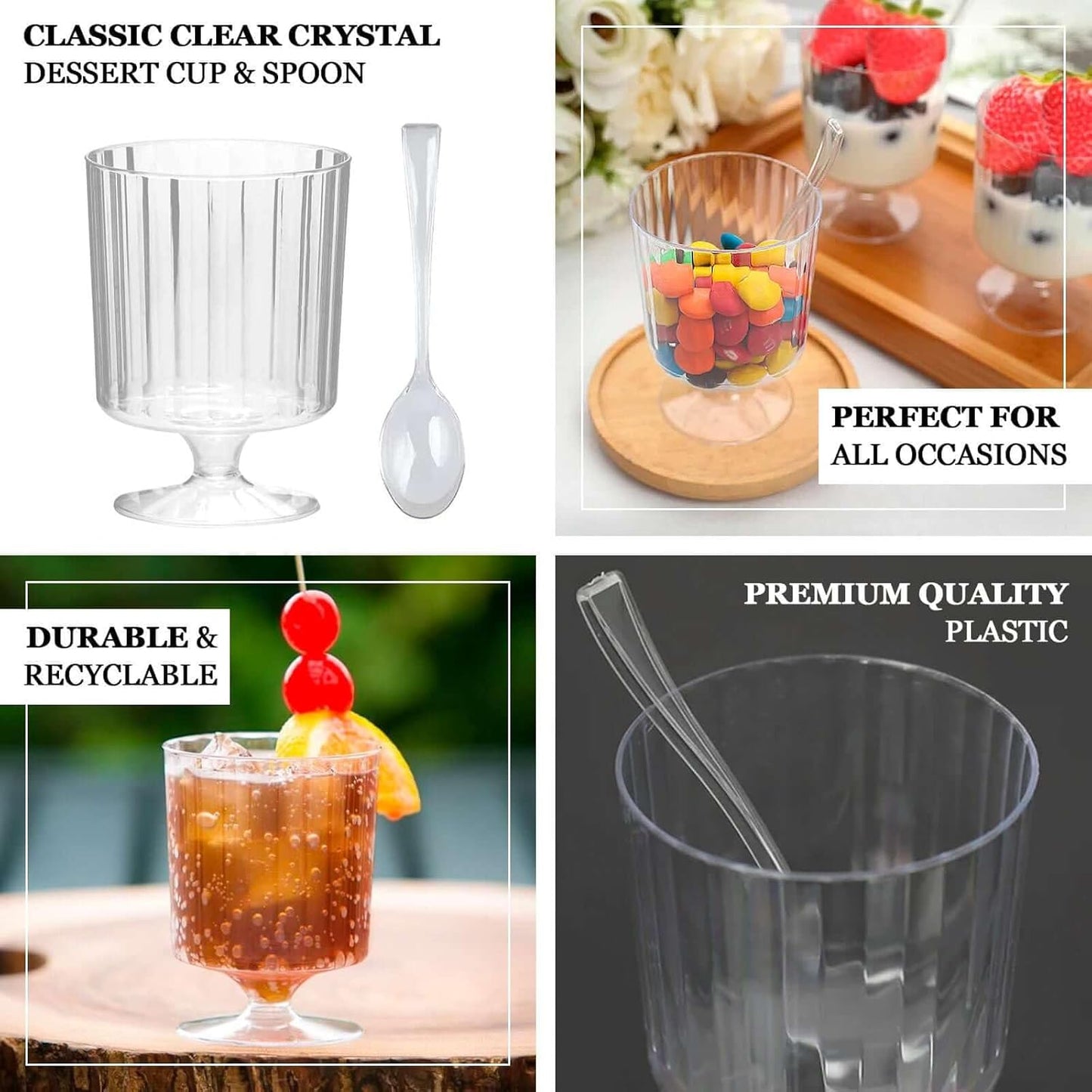 Efavormart 24 Pack | 5oz Clear Mini Ribbed Pedestal Plastic Dessert Cups With Spoons, Disposable Snack Cup Spoon Sets