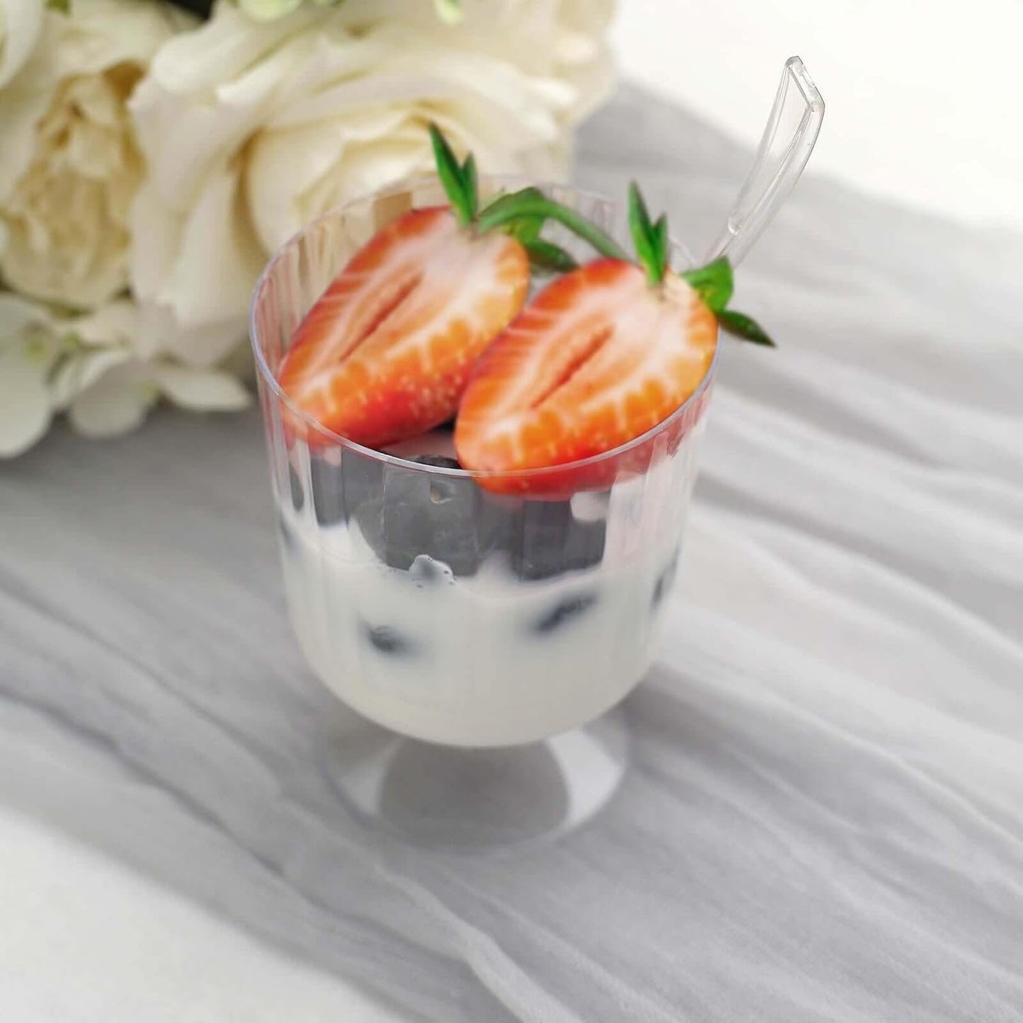 Efavormart 24 Pack | 5oz Clear Mini Ribbed Pedestal Plastic Dessert Cups With Spoons, Disposable Snack Cup Spoon Sets