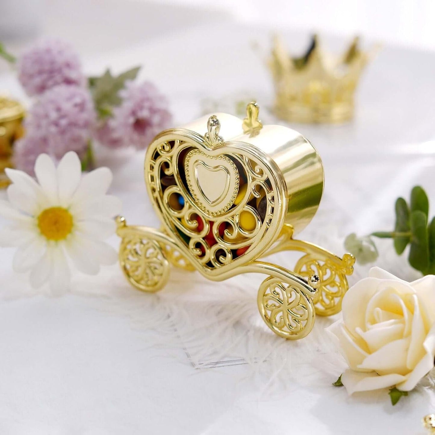 Efavormart 12 Pack - 4" Gold Fillable Heart Carriage Favor Candy Boxes for Wedding, Bridal Shower, Baby Shower, Birthday, Candy Jars Decorations