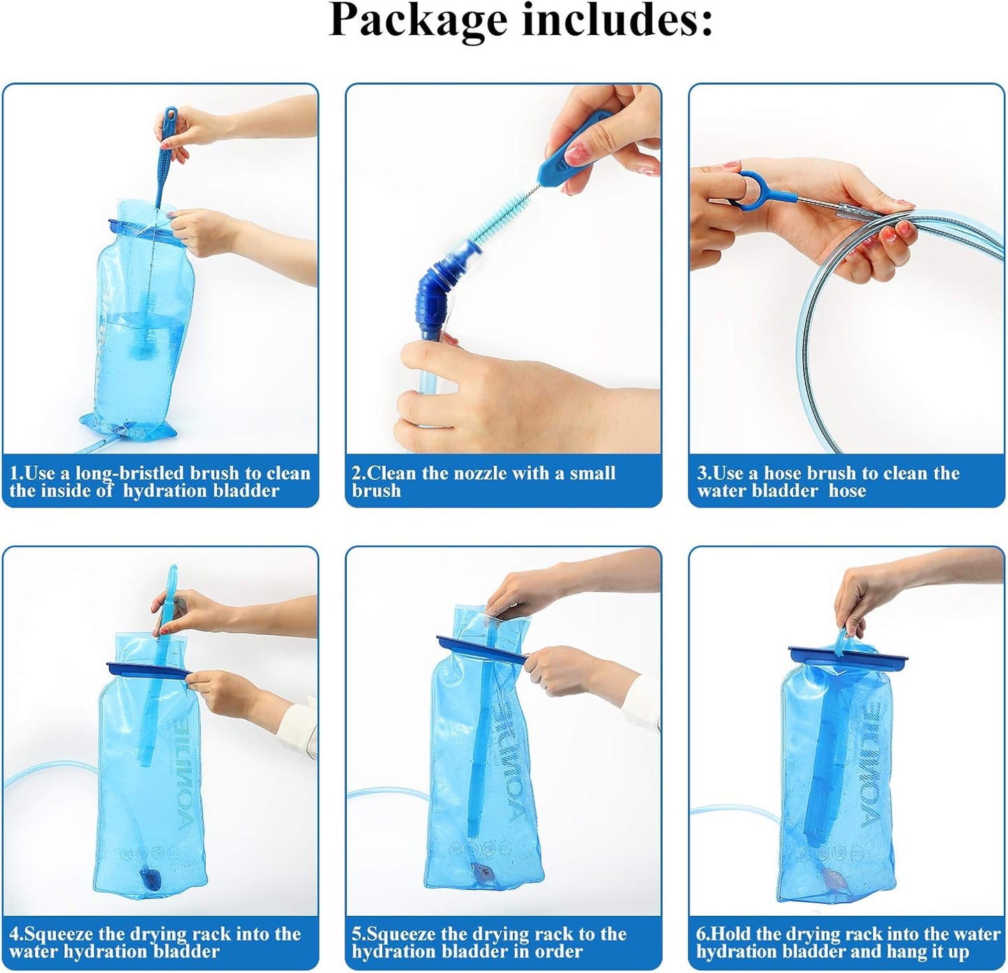 2 Set 8 in 1 Hydration Bladder Cleaning Kit Includes 3 Different Brushes and Drying Collapsible Bladder Frame, Water Reservoir Backpack Cleaning Kit
