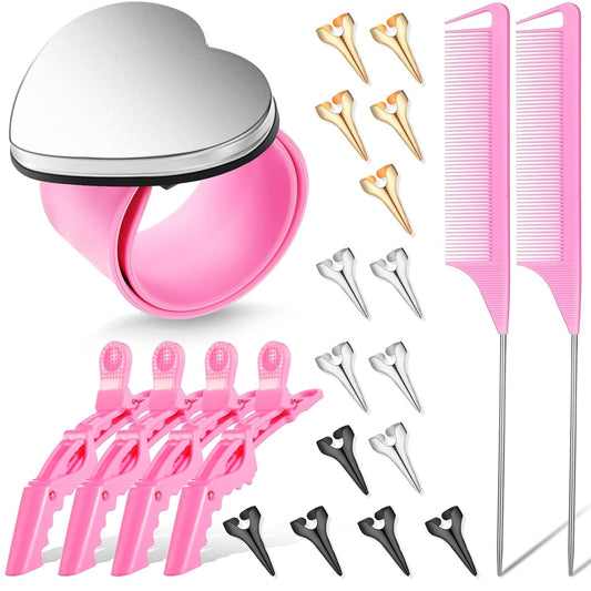 22 Pces Hair Braiding Tools with Magnetic Wrist Sewing Pincushion Pin Wristband Stainless Stitch Braid Finger Ring Tool Pintail Rat Tail Comb Sectioning Alligator Clips Salon Home(Pink)