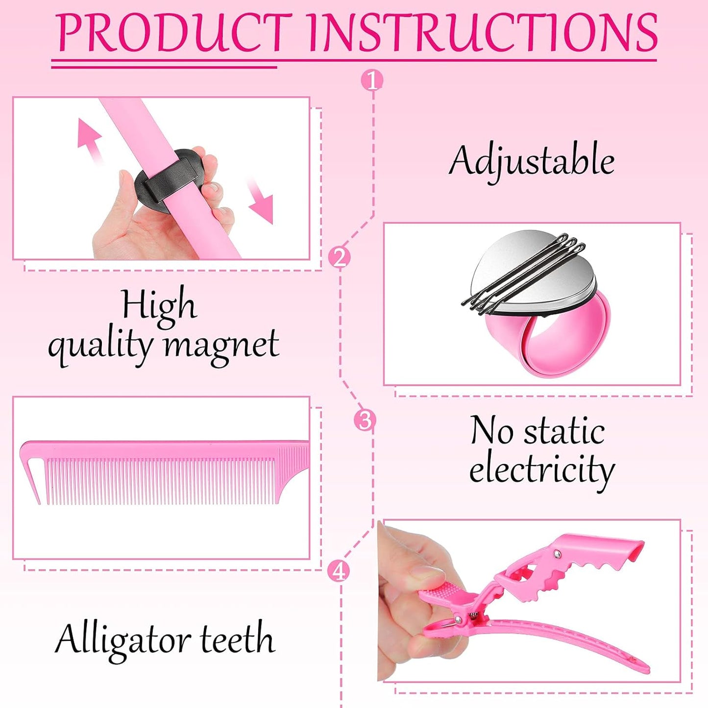 22 Pces Hair Braiding Tools with Magnetic Wrist Sewing Pincushion Pin Wristband Stainless Stitch Braid Finger Ring Tool Pintail Rat Tail Comb Sectioning Alligator Clips Salon Home(Pink)