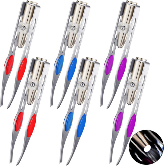 6 Pcs Light Stainless Steel Tweezers with LED, Makeup Eyelash Eyebrow Hair Removal Illuminating Lighted Tweezers for Precision Men Women(Red, Purple, Dark Blue)