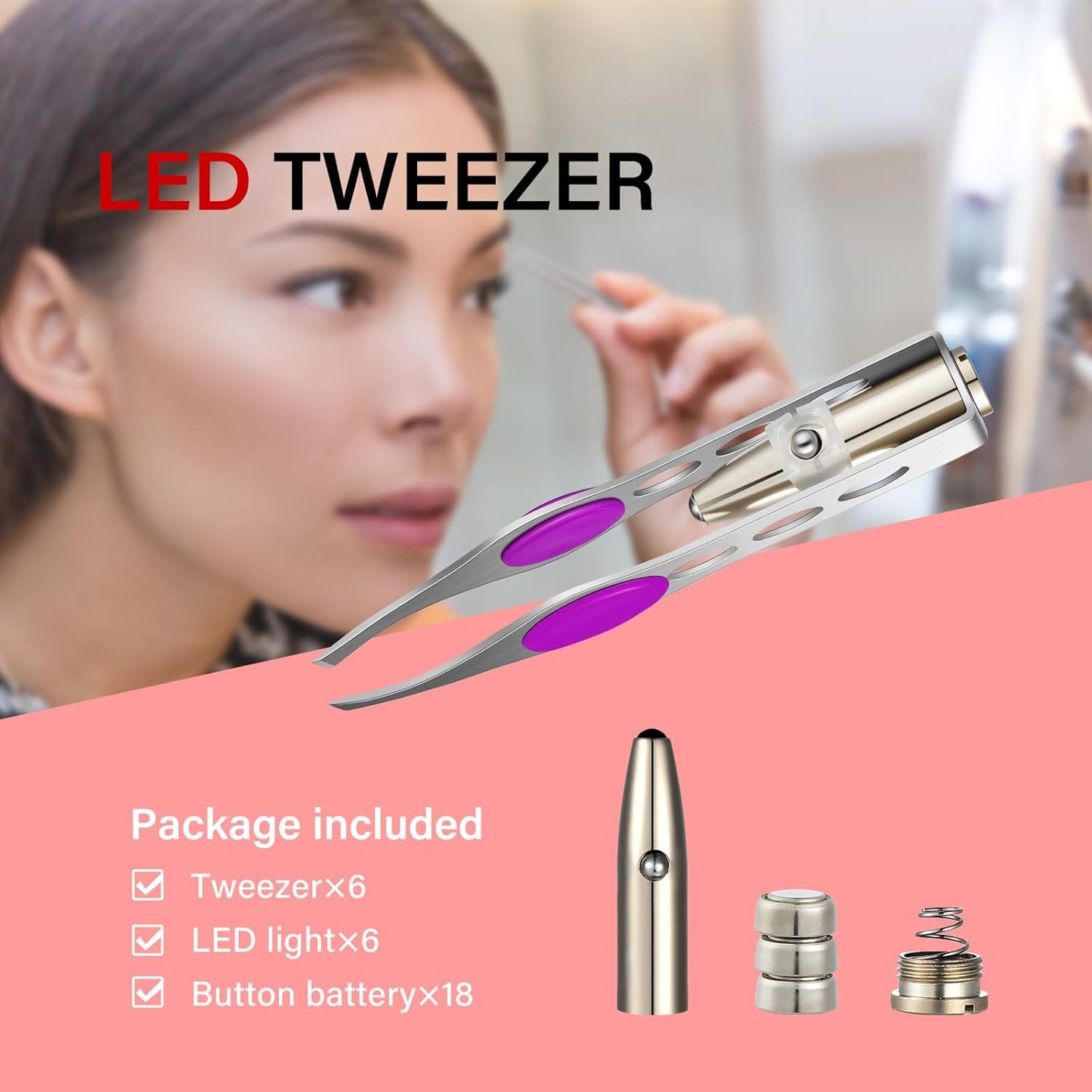 6 Pcs Light Stainless Steel Tweezers with LED, Makeup Eyelash Eyebrow Hair Removal Illuminating Lighted Tweezers for Precision Men Women(Red, Purple, Dark Blue)