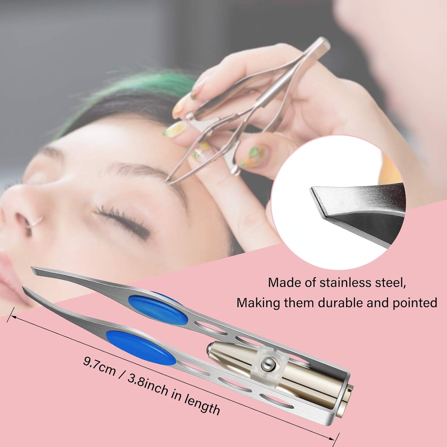 6 Pcs Light Stainless Steel Tweezers with LED, Makeup Eyelash Eyebrow Hair Removal Illuminating Lighted Tweezers for Precision Men Women(Red, Purple, Dark Blue)