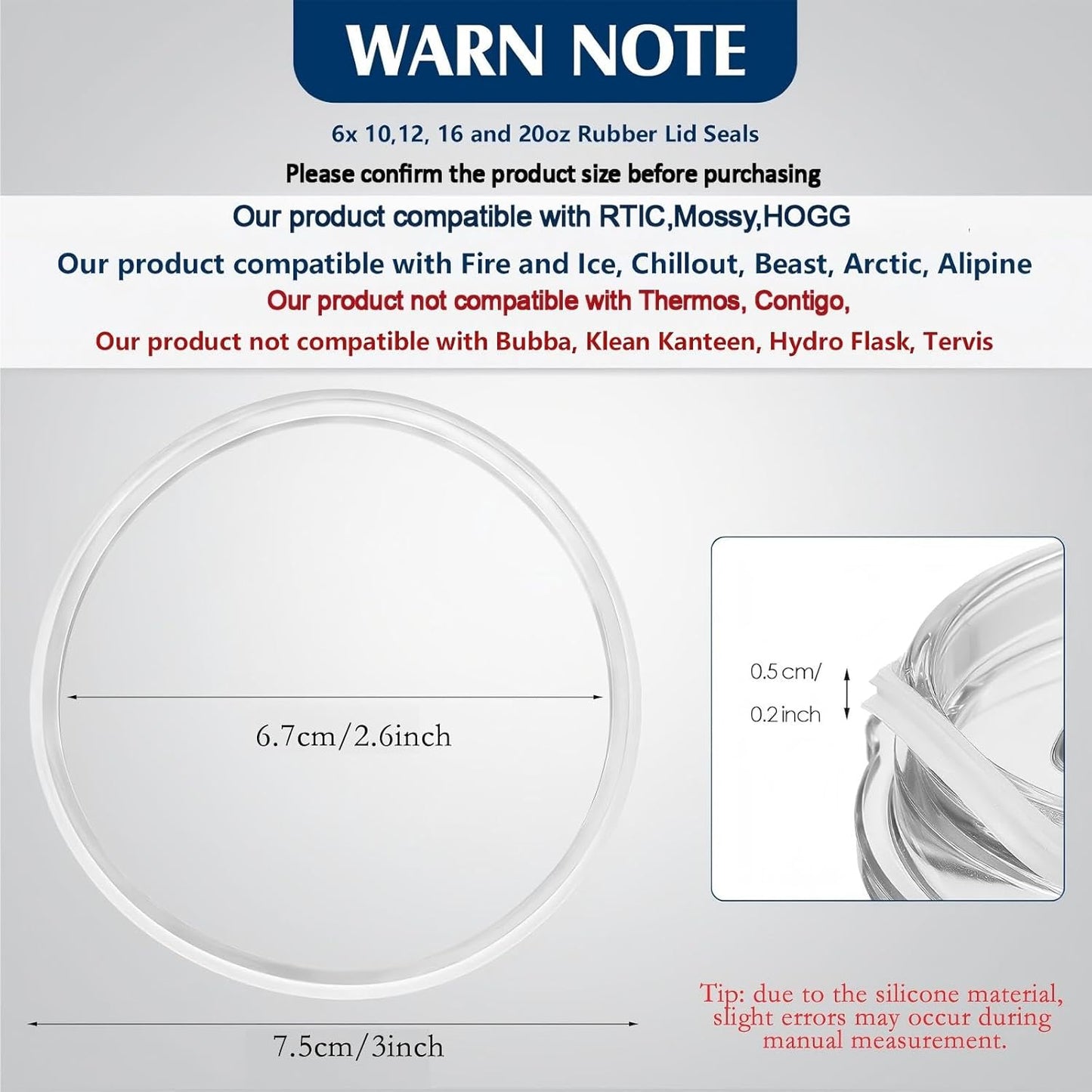 6 Pcs 20 oz Replacement Rubber Lid Seals O Shaped Resealable Lid Gaskets for 10, 12, 16 and 20 Ounce Insulated Stainless Steel Tumblers (White)