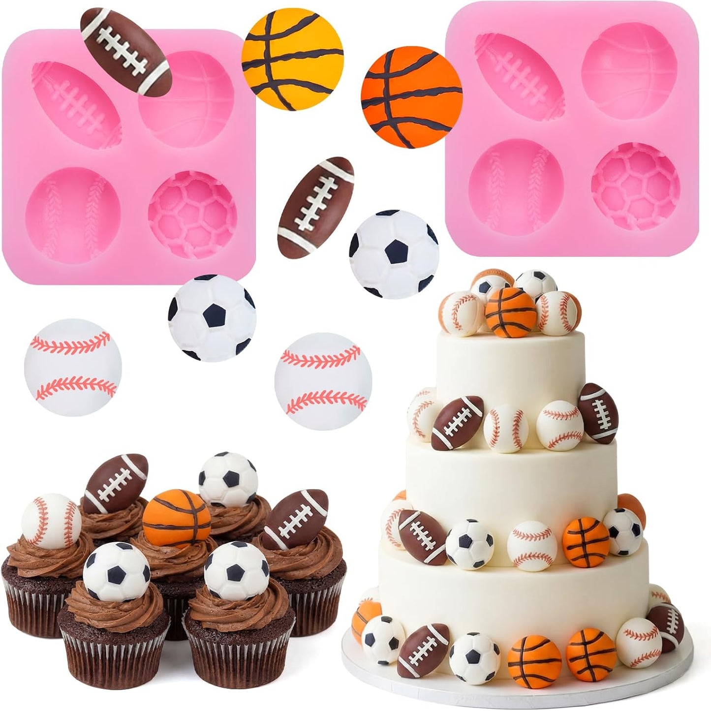 2 Pack Sports Fondant Mold for Cake Decoration, Football Basketball Baseball Soccer Silicone Molds for Valentine's Day DIY Chocolate Candy Mold Cake Decoration Cupcake Topper Polymer Clay