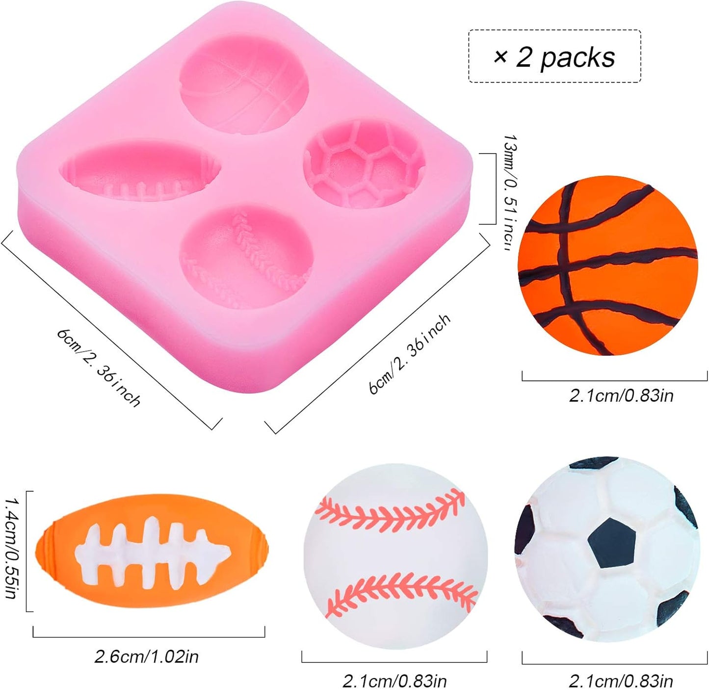 2 Pack Sports Fondant Mold for Cake Decoration, Football Basketball Baseball Soccer Silicone Molds for Valentine's Day DIY Chocolate Candy Mold Cake Decoration Cupcake Topper Polymer Clay