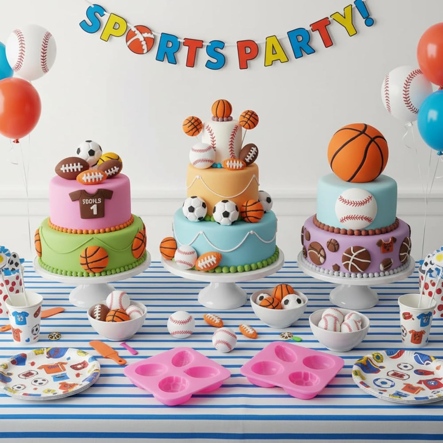 2 Pack Sports Fondant Mold for Cake Decoration, Football Basketball Baseball Soccer Silicone Molds for Valentine's Day DIY Chocolate Candy Mold Cake Decoration Cupcake Topper Polymer Clay